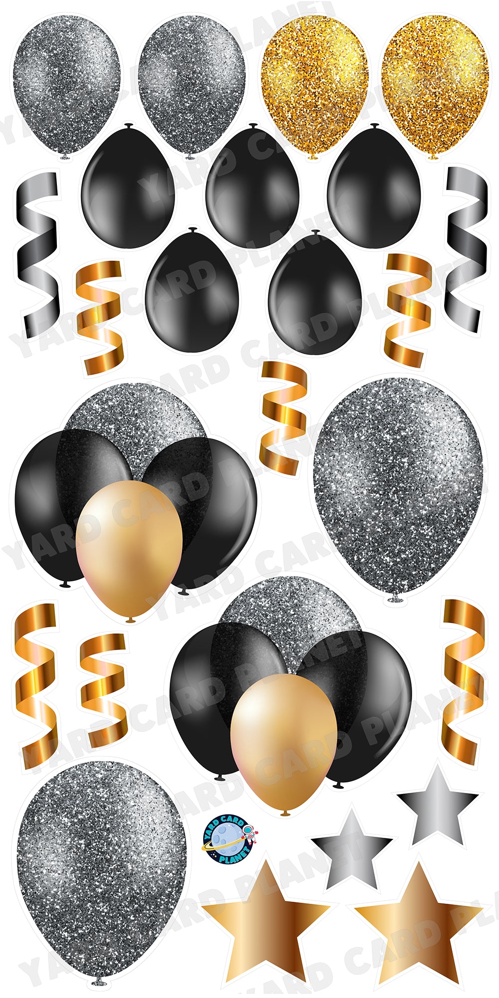 Gold, Silver and Black Glitter Balloons, Stars and Streamers Yard Card Flair Set