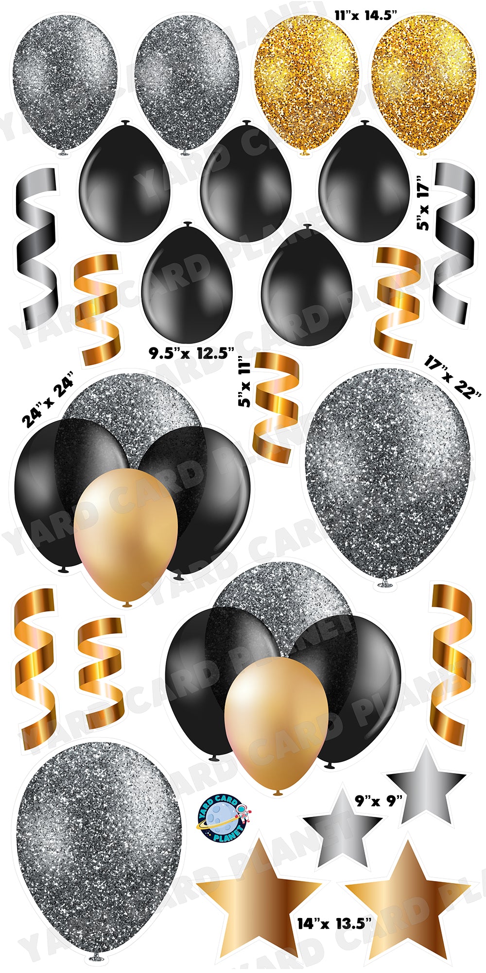 Gold, Silver and Black Glitter Balloons, Stars and Streamers Yard Card Flair Set