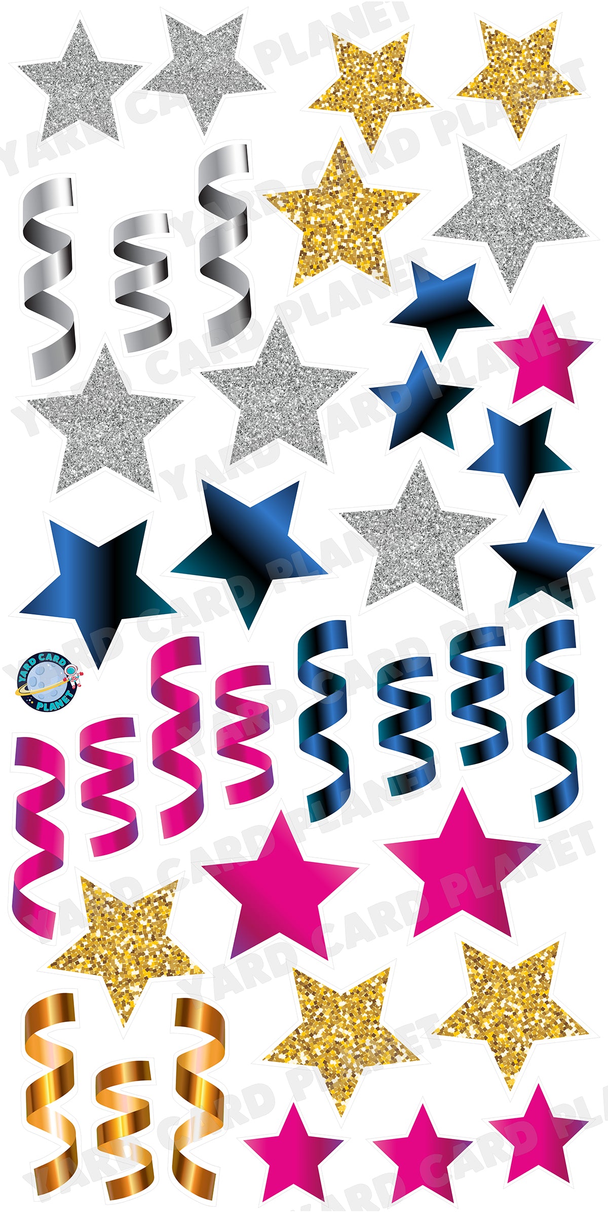 Gold, Silver, Blue and Silver Stars and Streamers Yard Card Flair Set