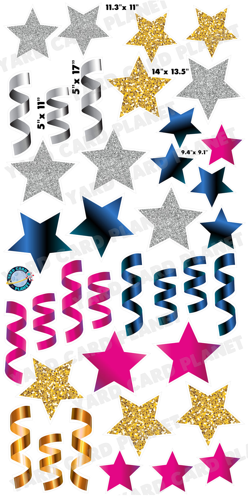 Gold, Silver, Blue and Silver Stars and Streamers Yard Card Flair Set