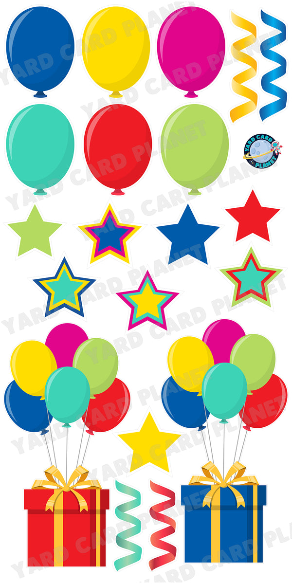 Bright Colorful Extra Large Presents with Balloon Bouquet, Balloons, Stars and Steamers Yard Card Flair Set