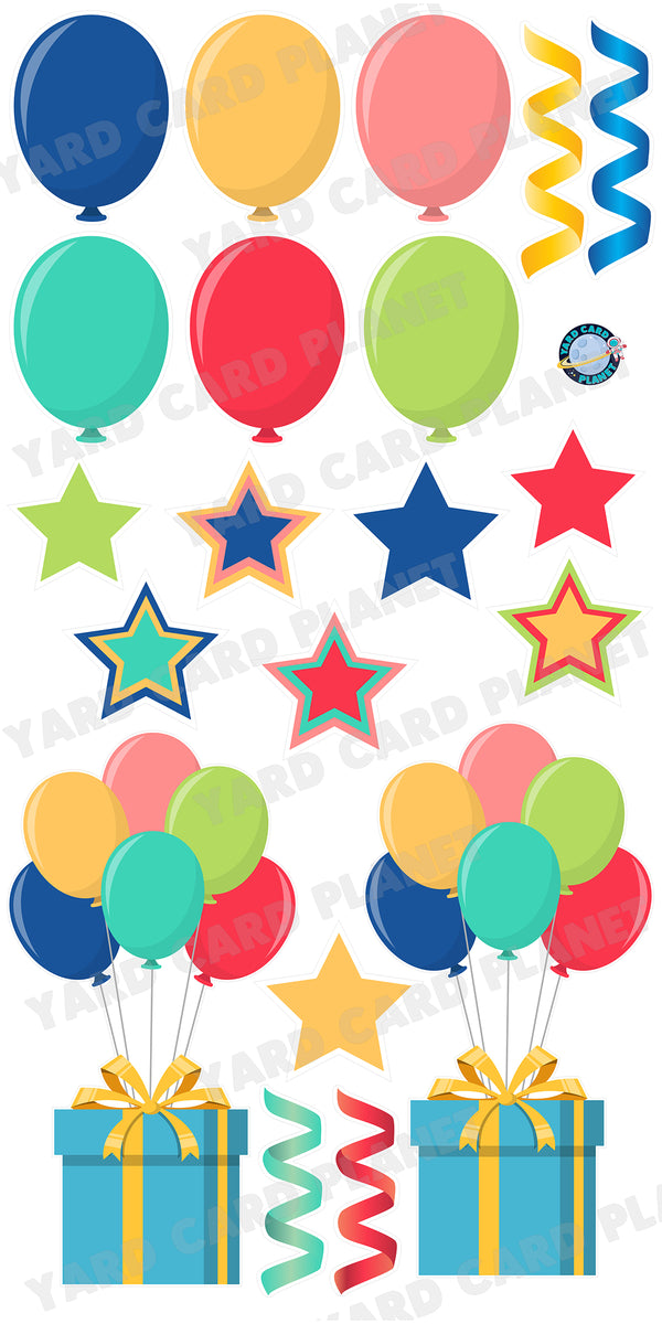 Pastel Colored Extra Large Presents with Balloon Bouquet, Balloons, Stars and Steamers Yard Card Flair Set