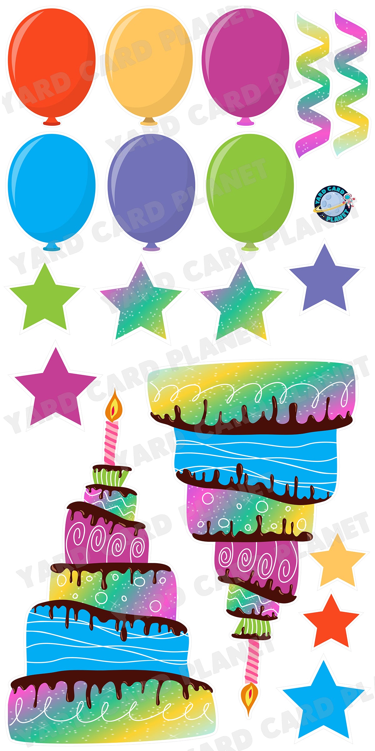 Giant Cakes, Balloons, Stars and Streamers Yard Card Flair Set