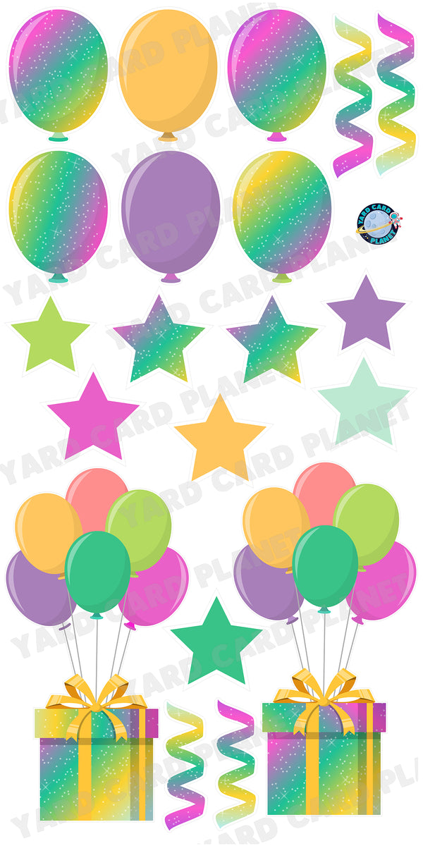 Multi-Colored Sparkle Extra Large Presents with Balloon Bouquet, Balloons, Stars and Steamers Yard Card Flair Set