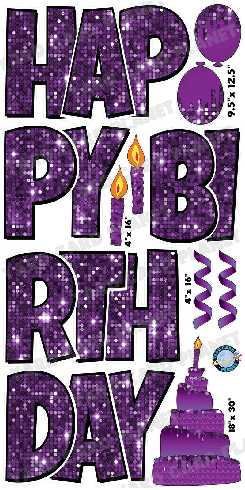 Large 23.5" Happy Birthday Yard Card EZ Quick Sets in Luckiest Guy Font and Birthday Flair in Purple Sequin Pattern