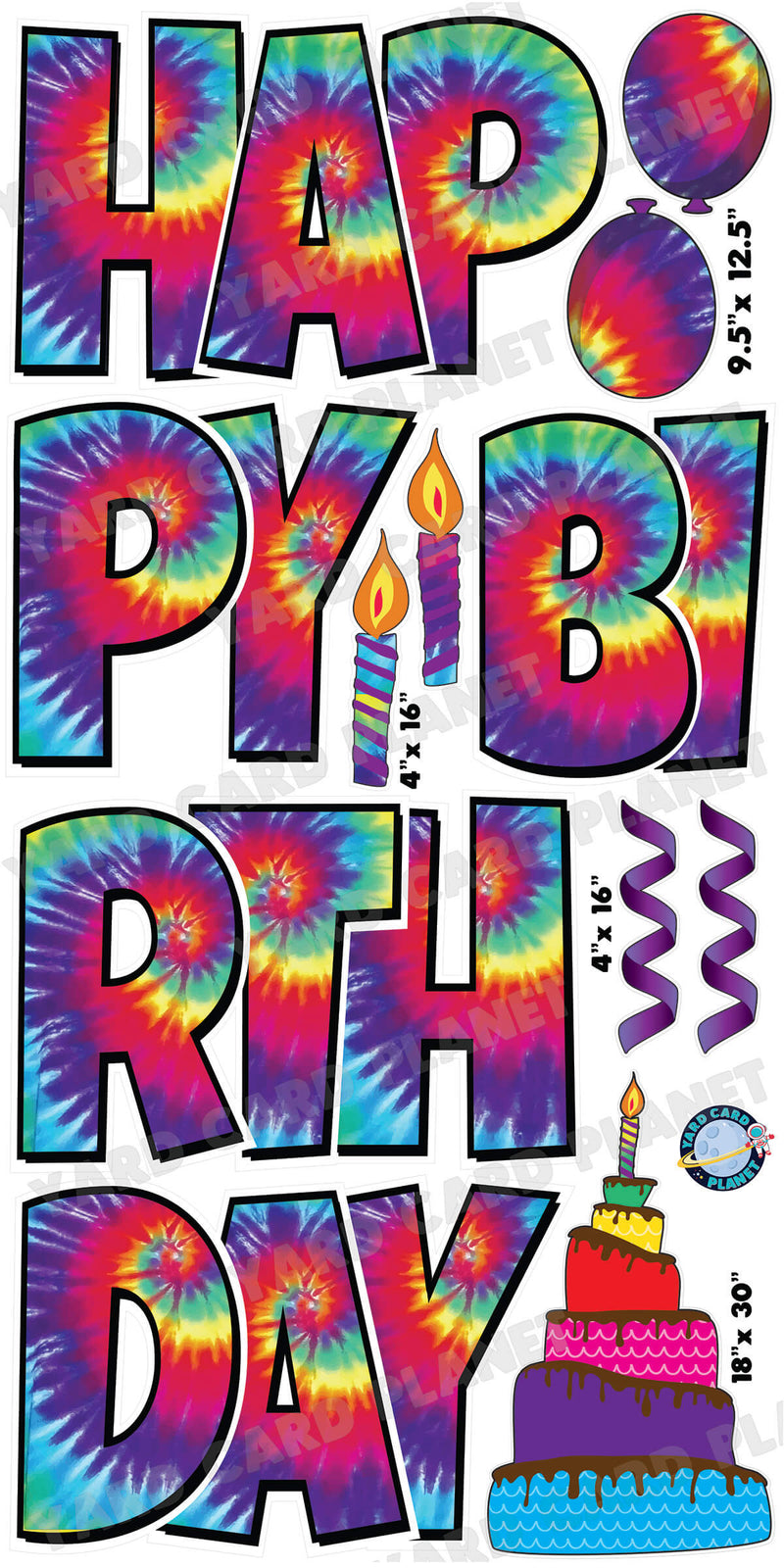Large 23.5" Tie-Dye Themed Happy Birthday Yard Card EZ Quick Set in Luckiest Guy Font and Birthday Flair