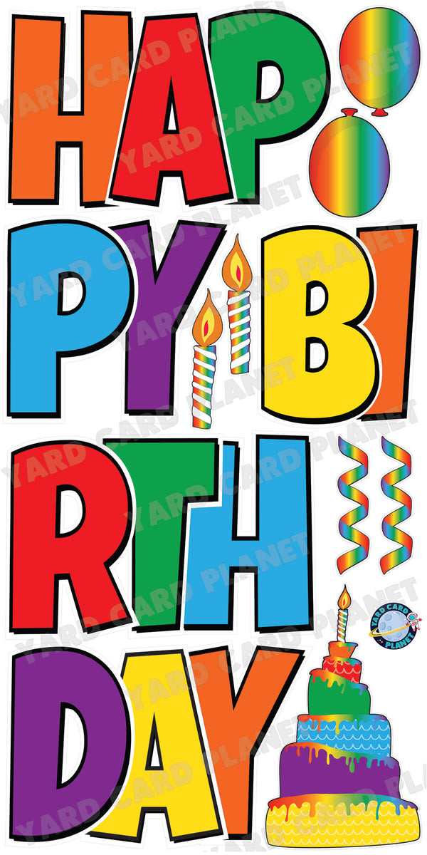 Large 23.5" Bright Color Wheel Happy Birthday Yard Card EZ Quick Set in Luckiest Guy Font and Birthday Flair