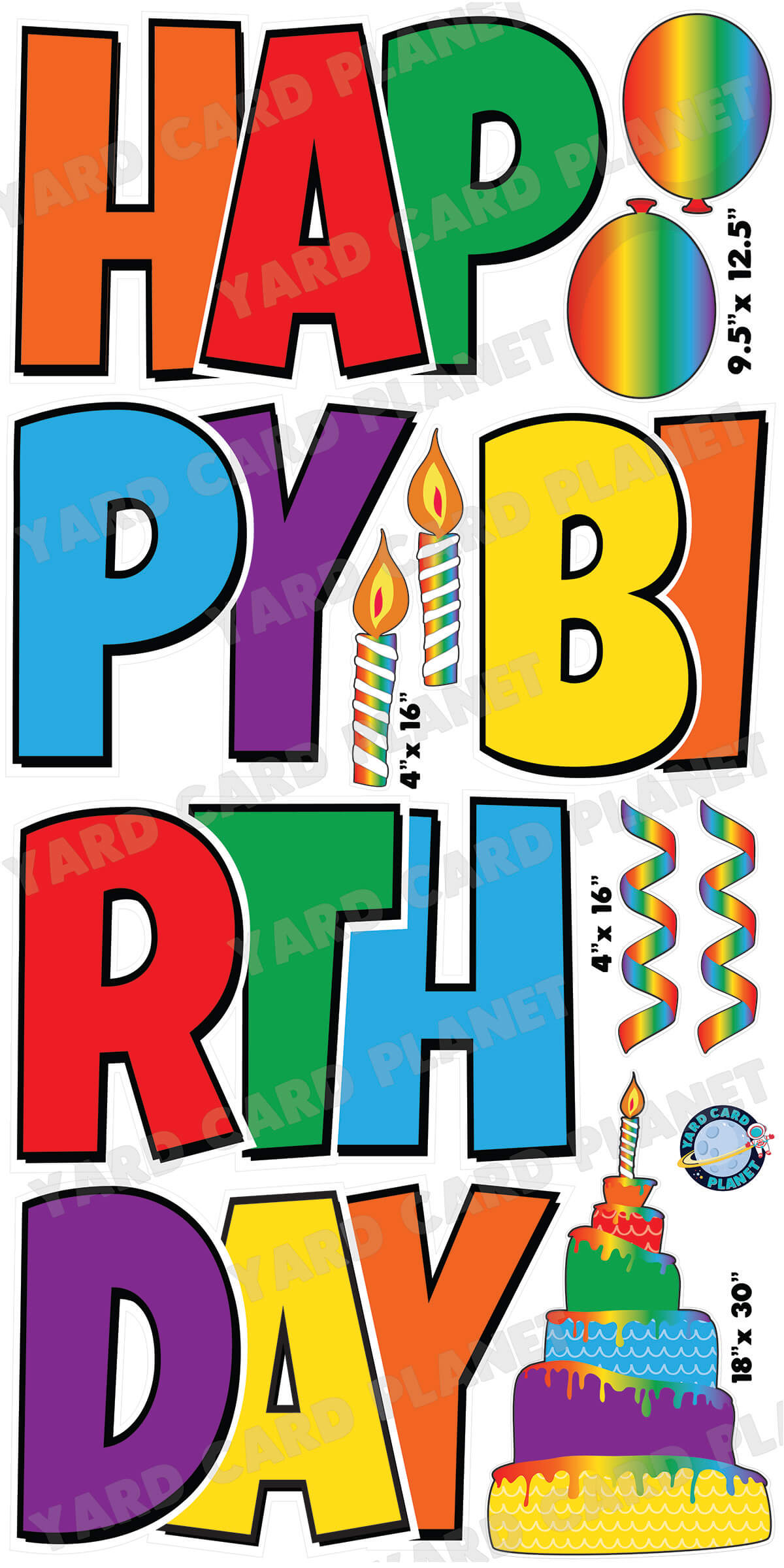 Large 23.5" Bright Color Wheel Happy Birthday Yard Card EZ Quick Set in Luckiest Guy Font and Birthday Flair