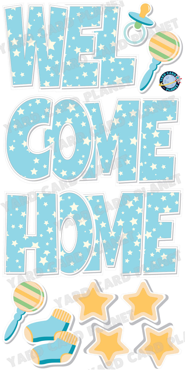 Large 23.5" Baby Boy Blue Welcome Home Yard Card EZ Quick Set in Luckiest Guy Font and Matching Flair