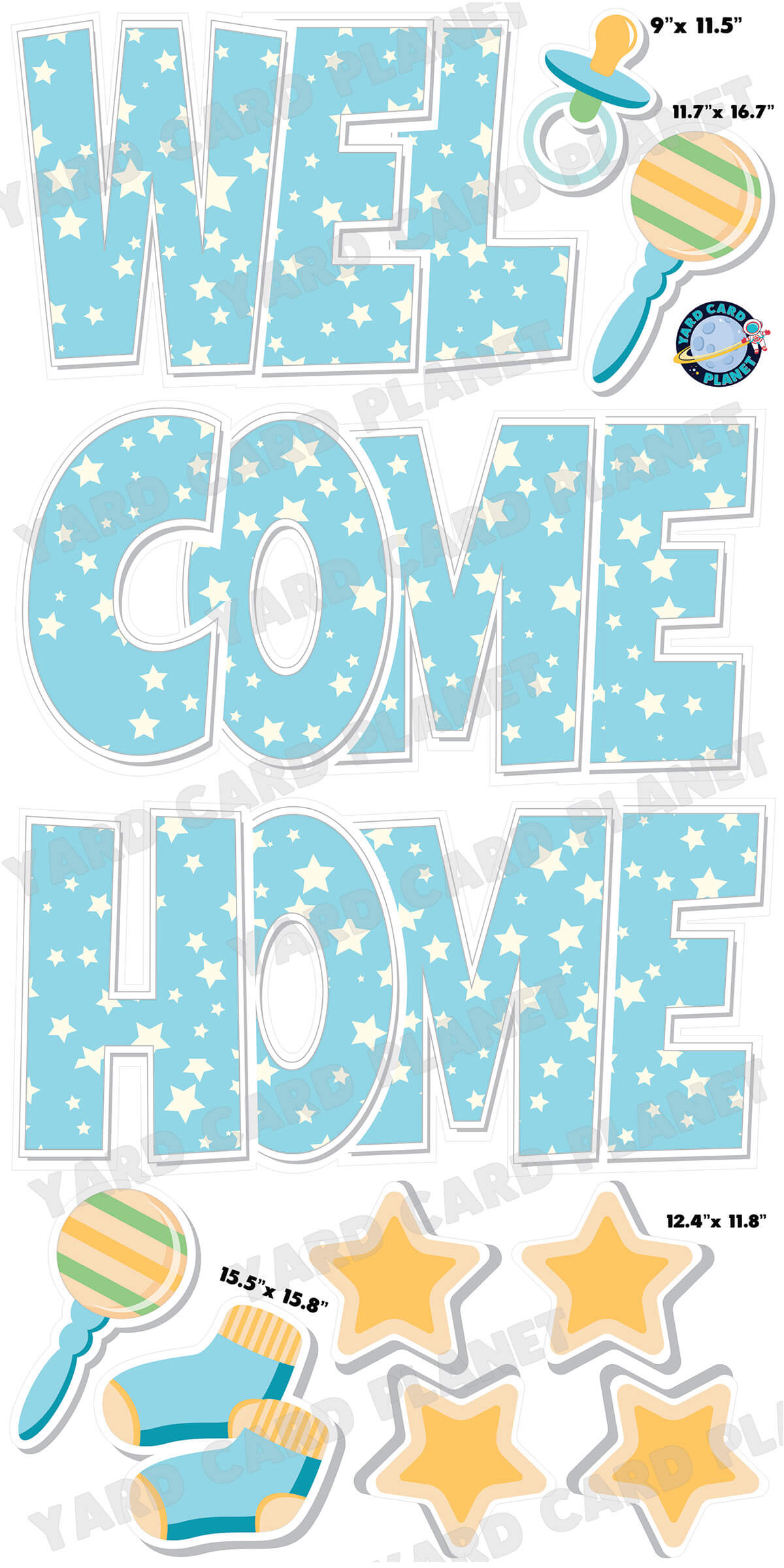 Large 23.5" Baby Boy Blue Welcome Home Yard Card EZ Quick Set in Luckiest Guy Font and Matching Flair