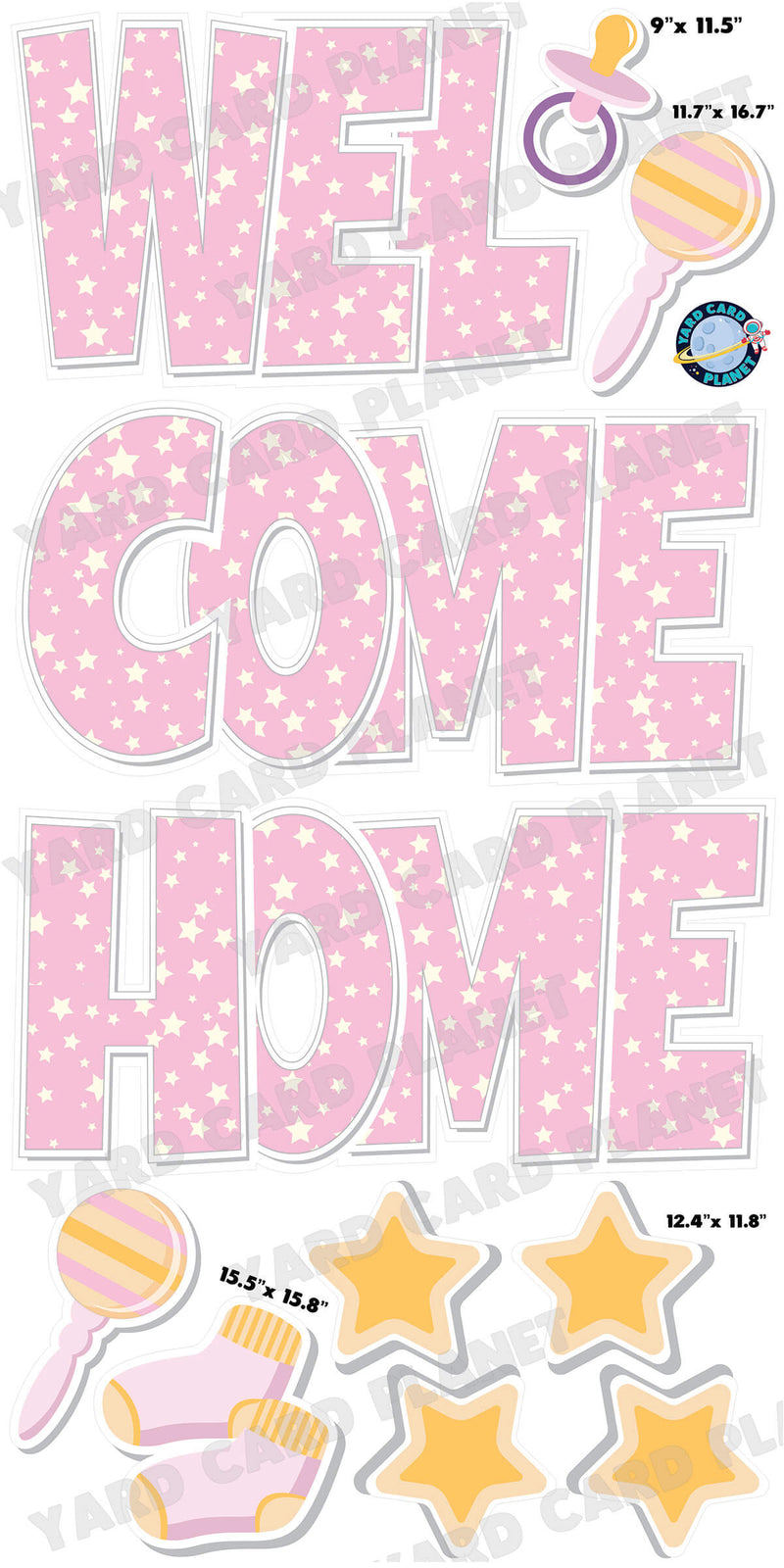 Large 23.5" Baby Girl Pink Welcome Home Yard Card EZ Quick Set in Luckiest Guy Font and Matching Flair