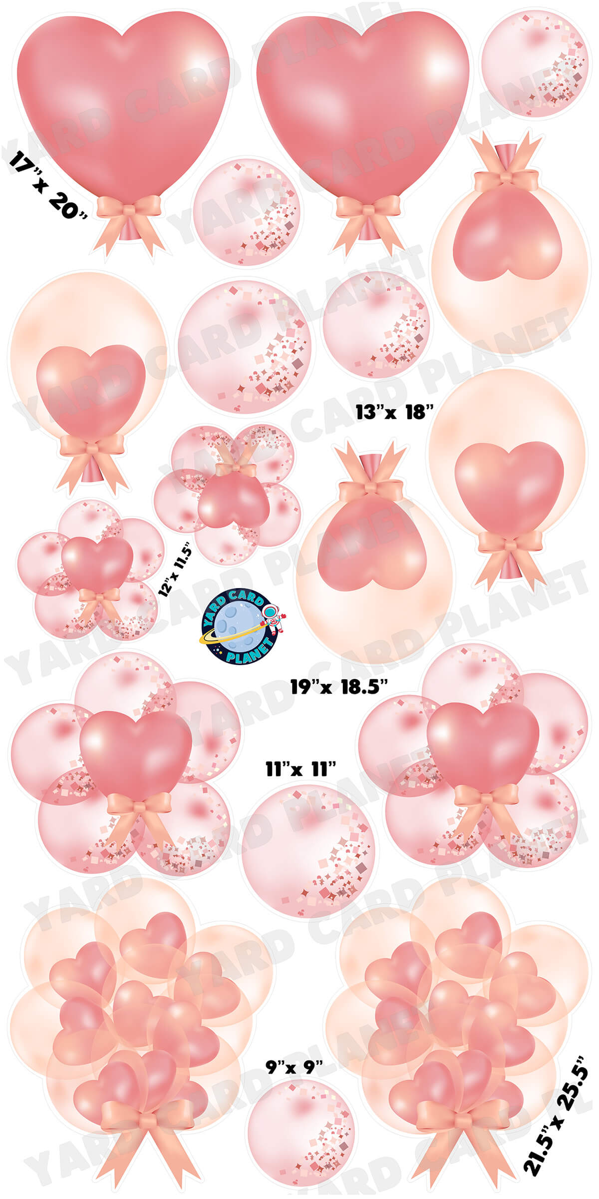 Pink and Peach Hearts, Balloons and Bubbles Yard Card Flair Set