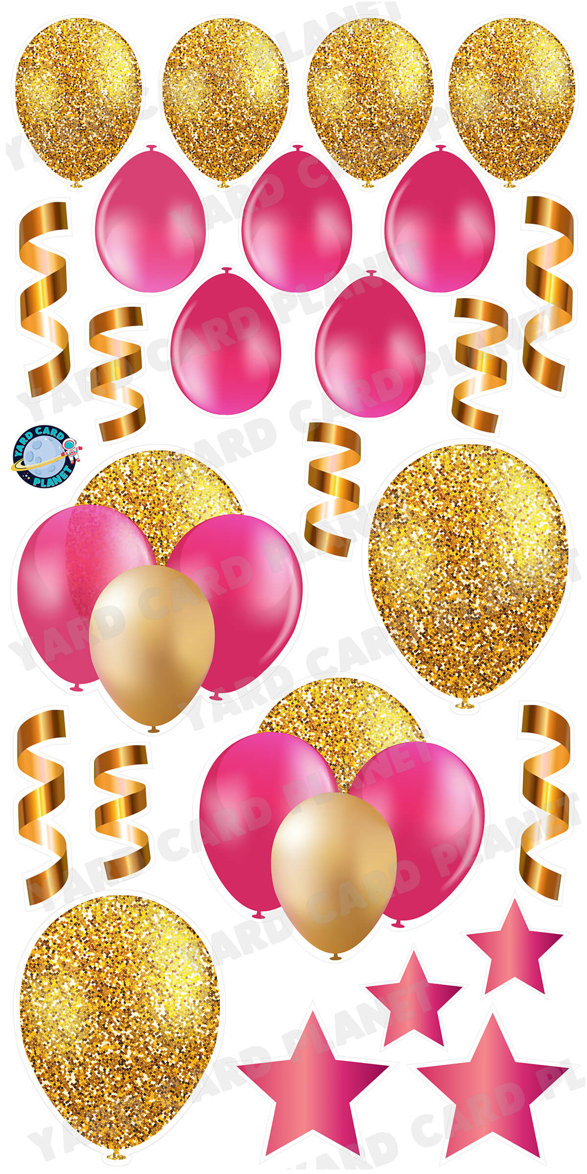 Gold Glitter Pattern and Pink Balloons and Streamers Yard Card Flair Set