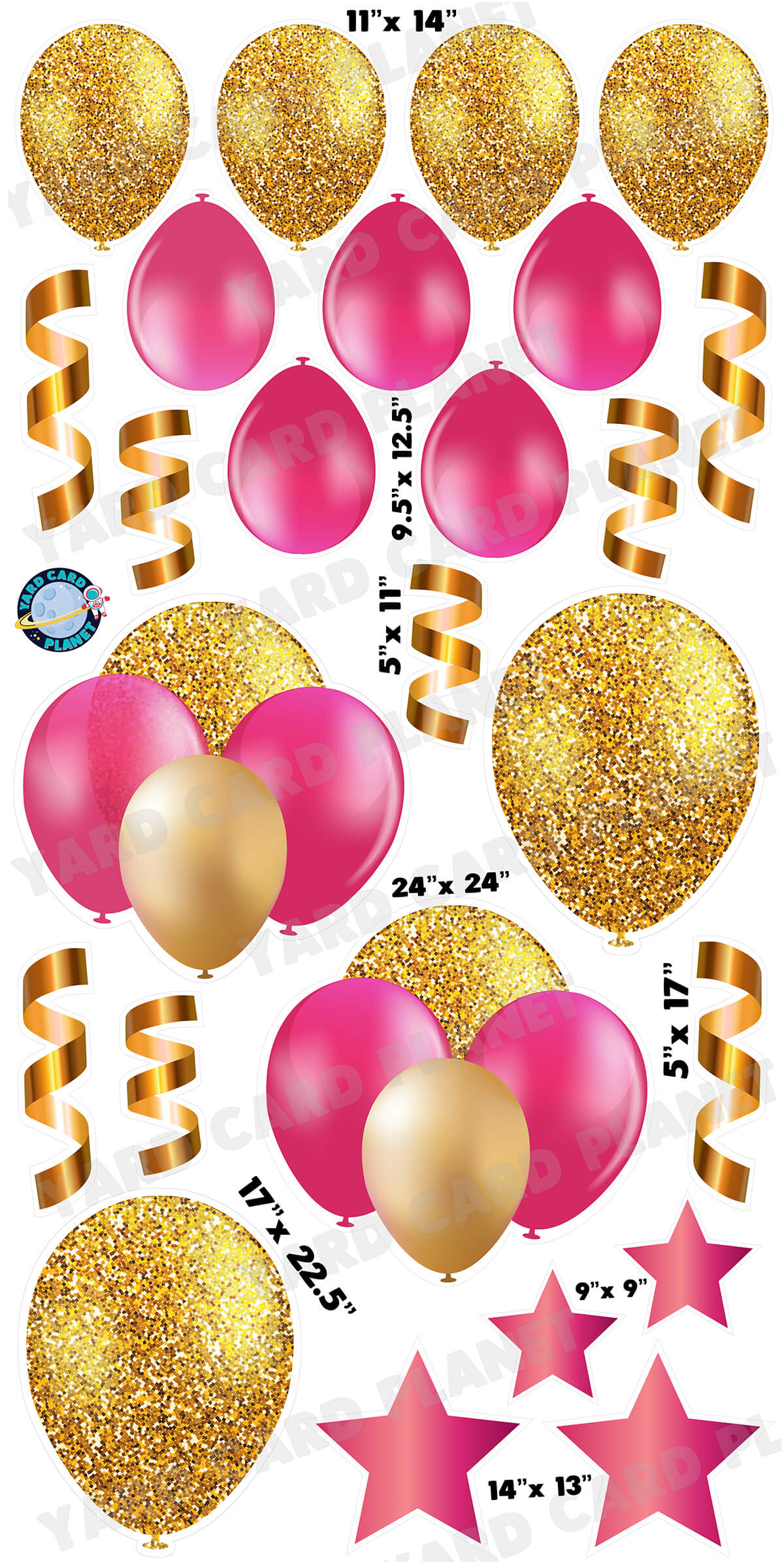 Gold Glitter Pattern and Pink Balloons and Streamers Yard Card Flair Set