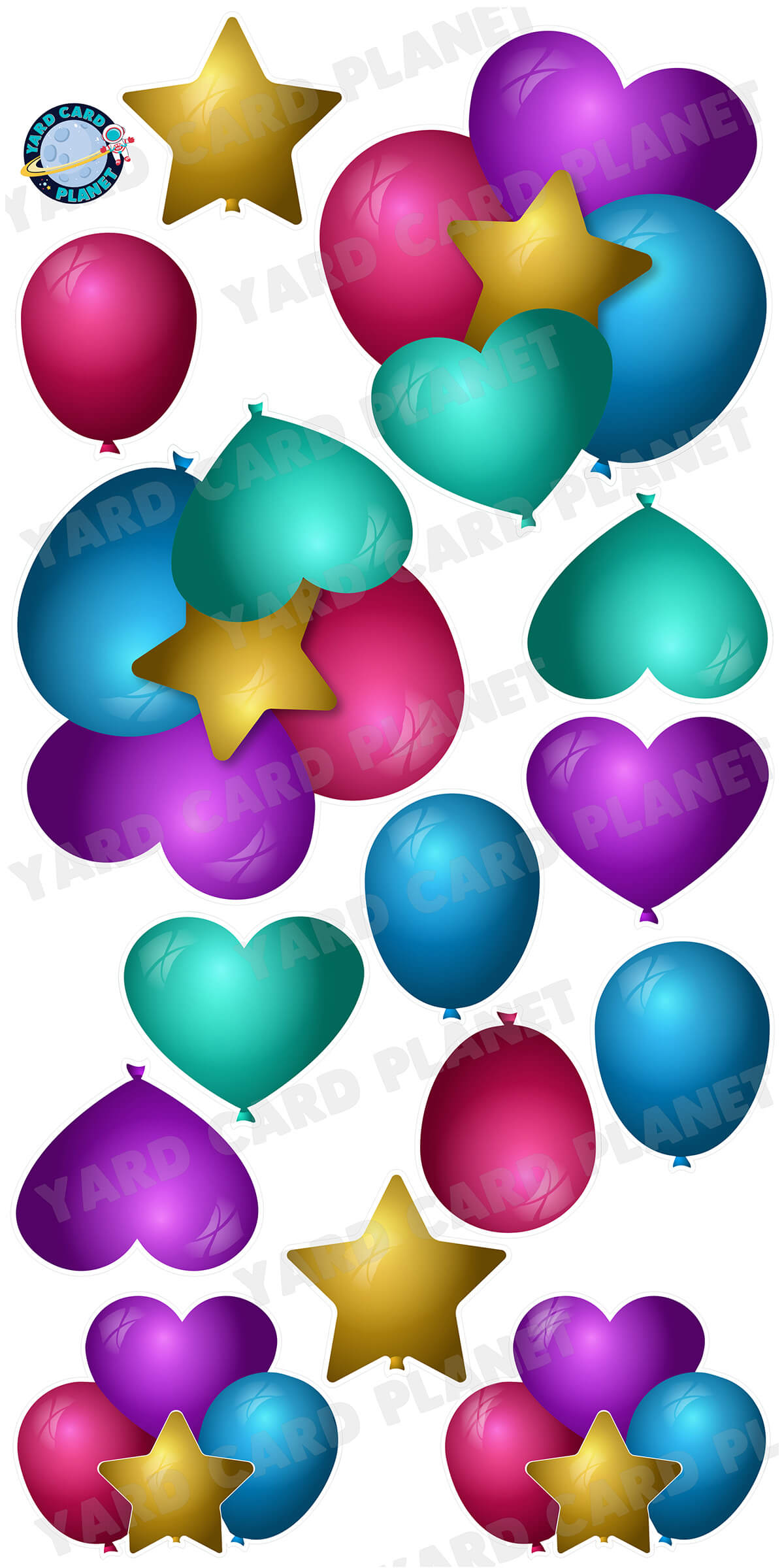 Metallic Colorful Design Heart, Stars and Balloon Bouquets Yard Card Flair Set