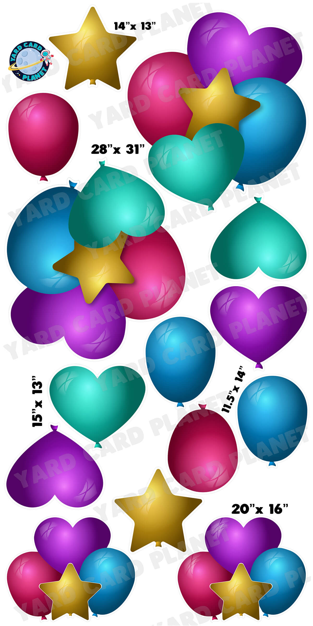 Metallic Colorful Design Heart, Stars and Balloon Bouquets Yard Card Flair Set