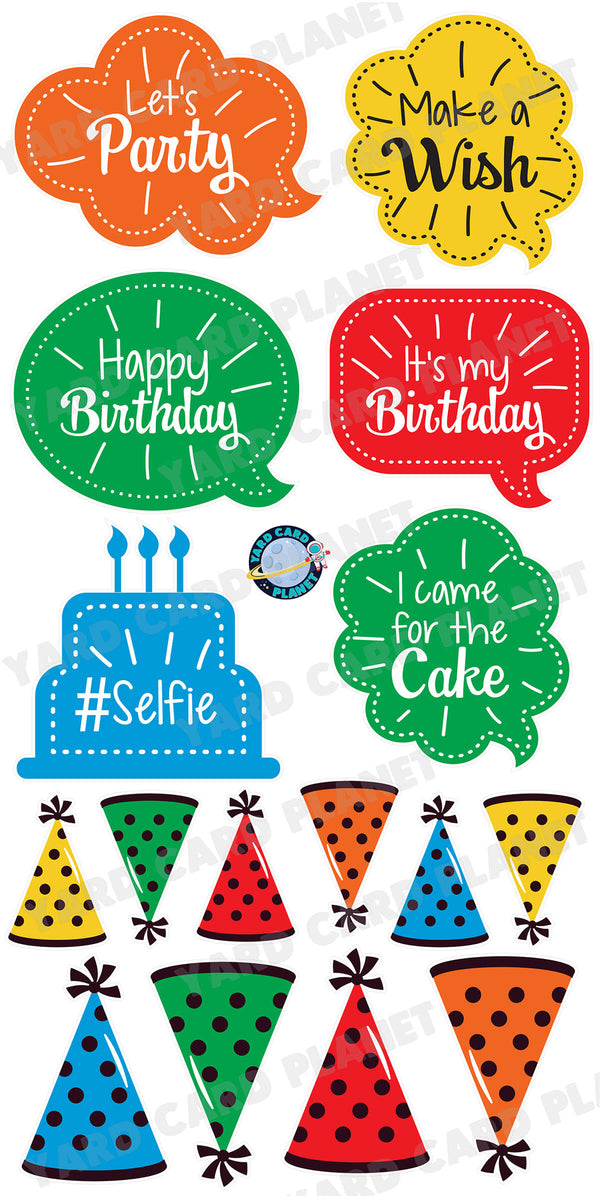 Colorful Birthday Bubble Signs and Birthday Hats Yard Card Flair Set