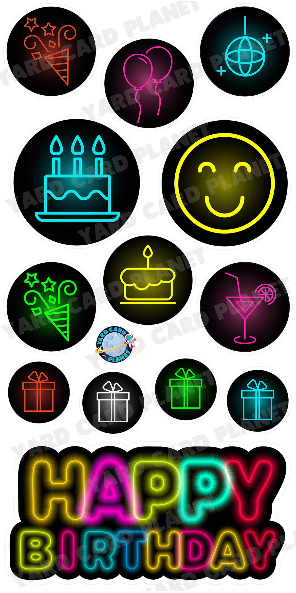 Neon Happy Birthday EZ Quick Sign and Birthday Medallions Yard Card Flair Set