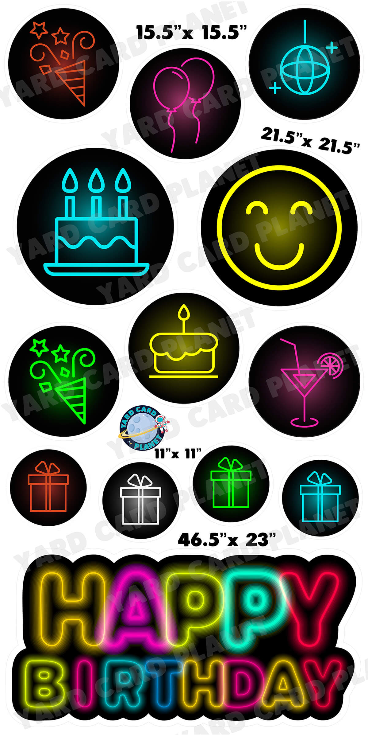 Neon Happy Birthday EZ Quick Sign and Birthday Medallions Yard Card Flair Set