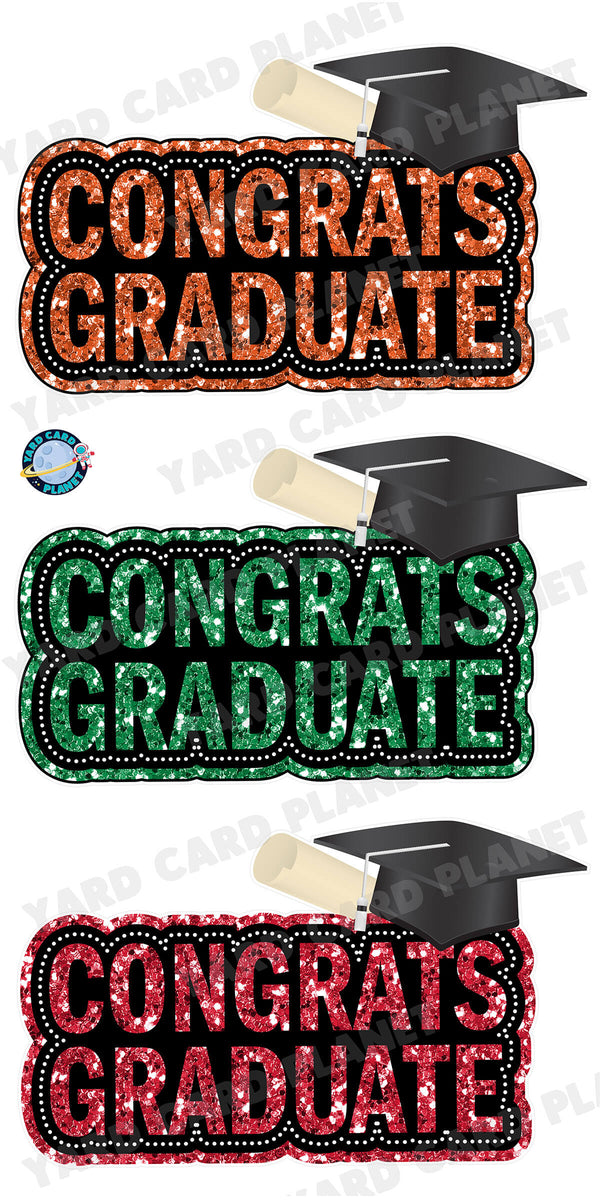 Congrats Graduate Orange, Green and Red Glitter EZ Quick Signs Yard Card Flair Set