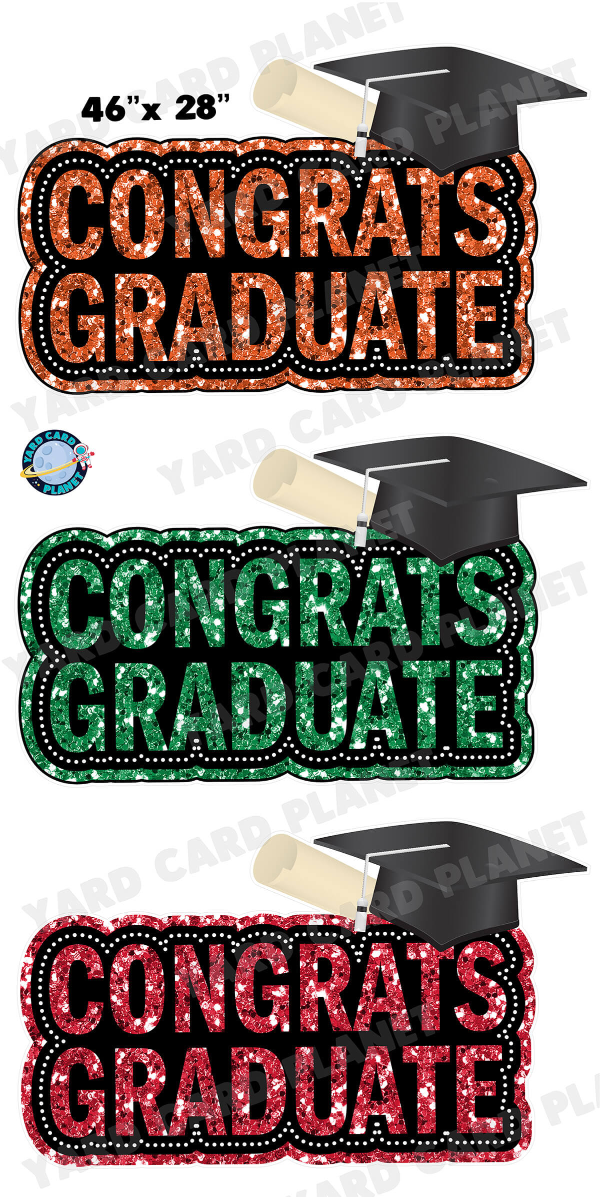 Congrats Graduate Orange, Green and Red Glitter EZ Quick Signs Yard Card Flair Set