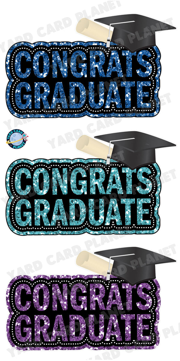 Congrats Graduate Blue, Teal and Purple Glitter EZ Quick Signs Yard Card Flair Set