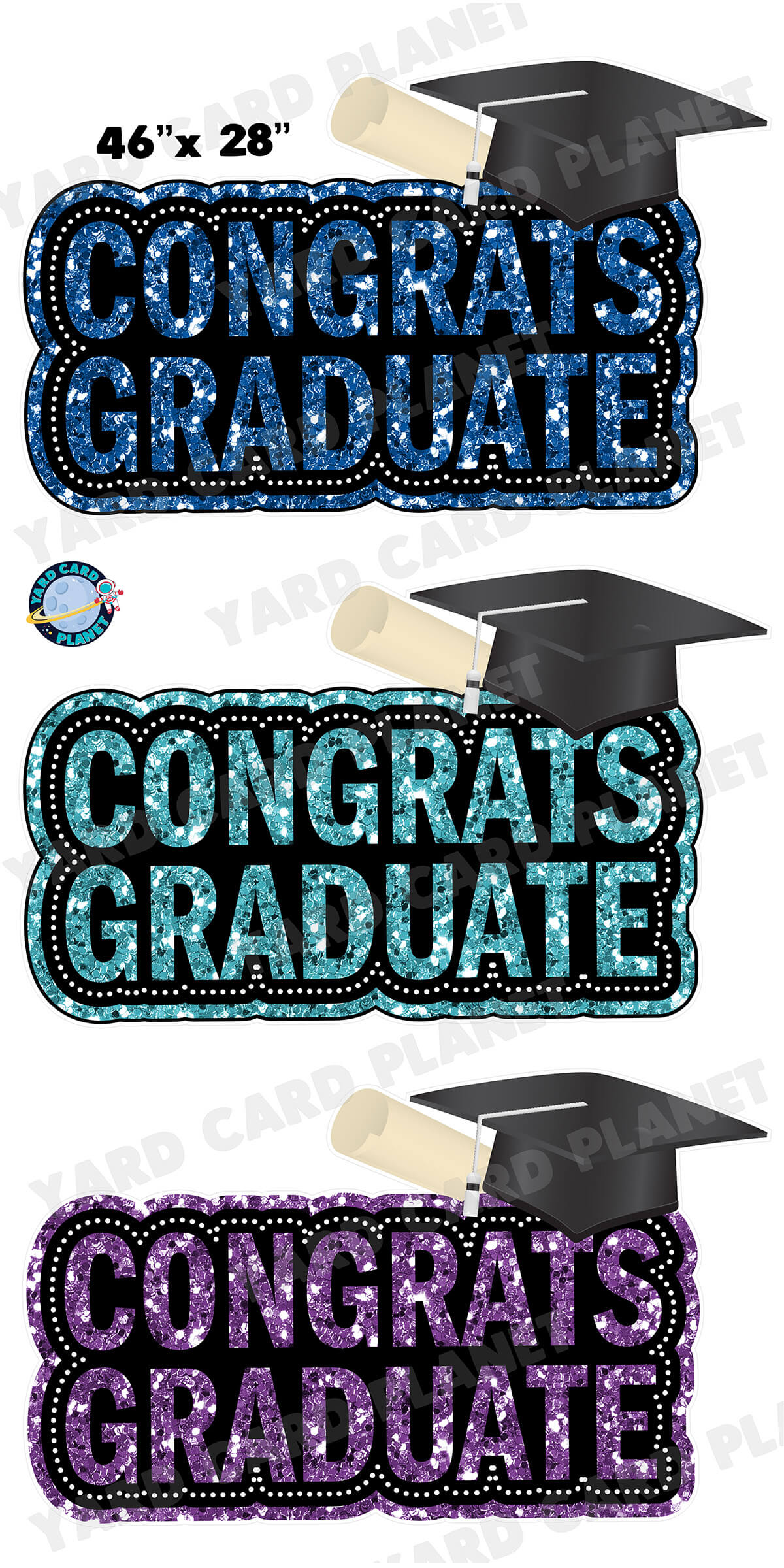 Congrats Graduate Blue, Teal and Purple Glitter EZ Quick Signs Yard Card Flair Set