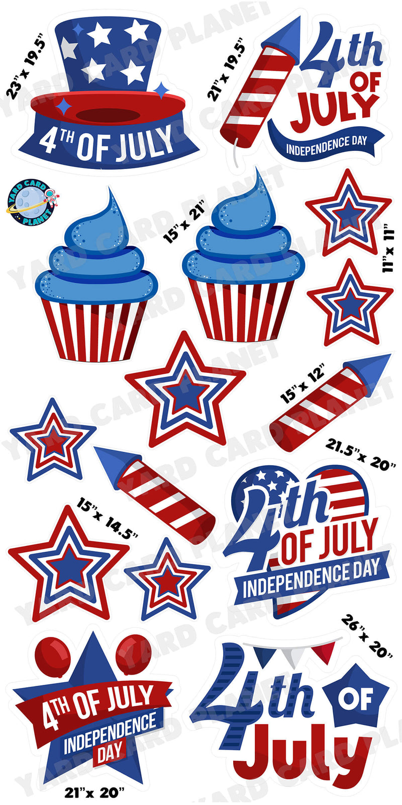 4th of July Independence Day Signs, Cupcakes, Stars and Fireworks Yard Card Flair Set