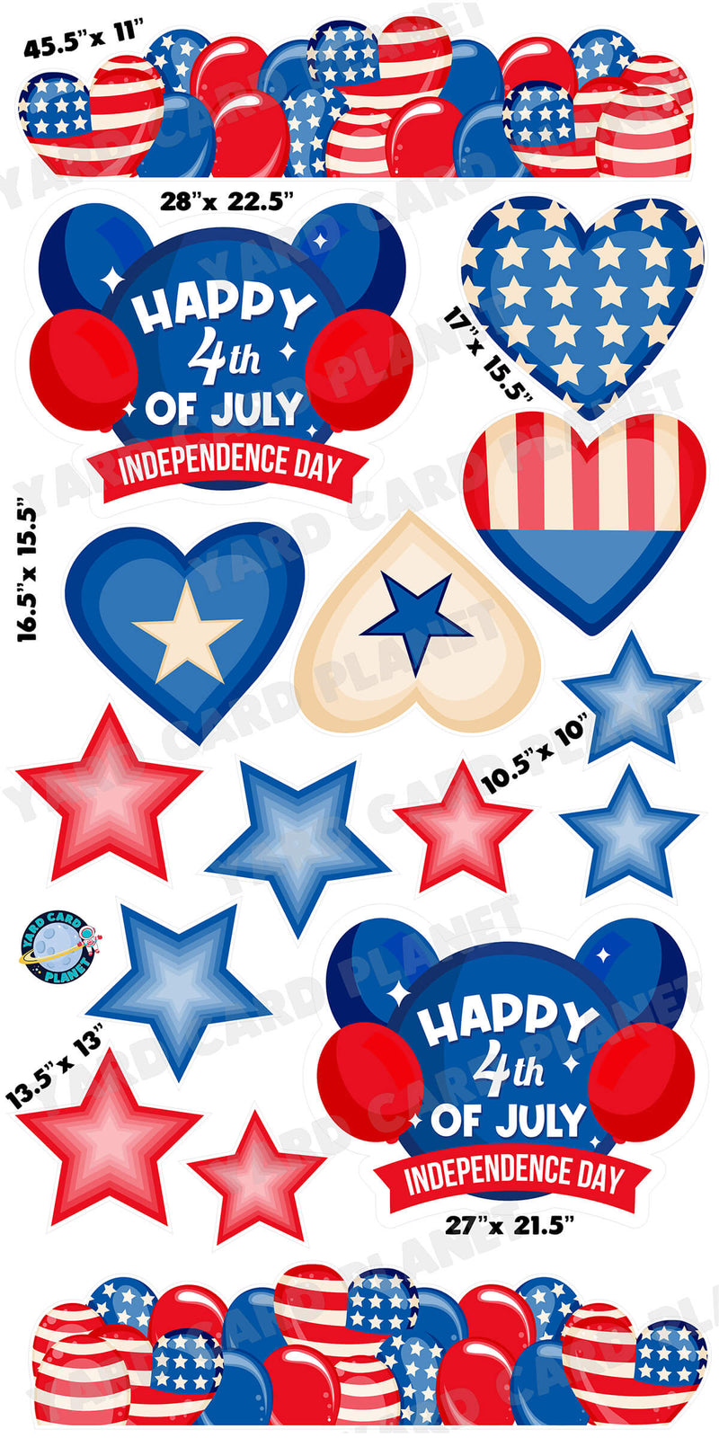 4th of July Independence Day Signs, EZ Filler Balloons, Stars and Hearts Yard Card Flair Set