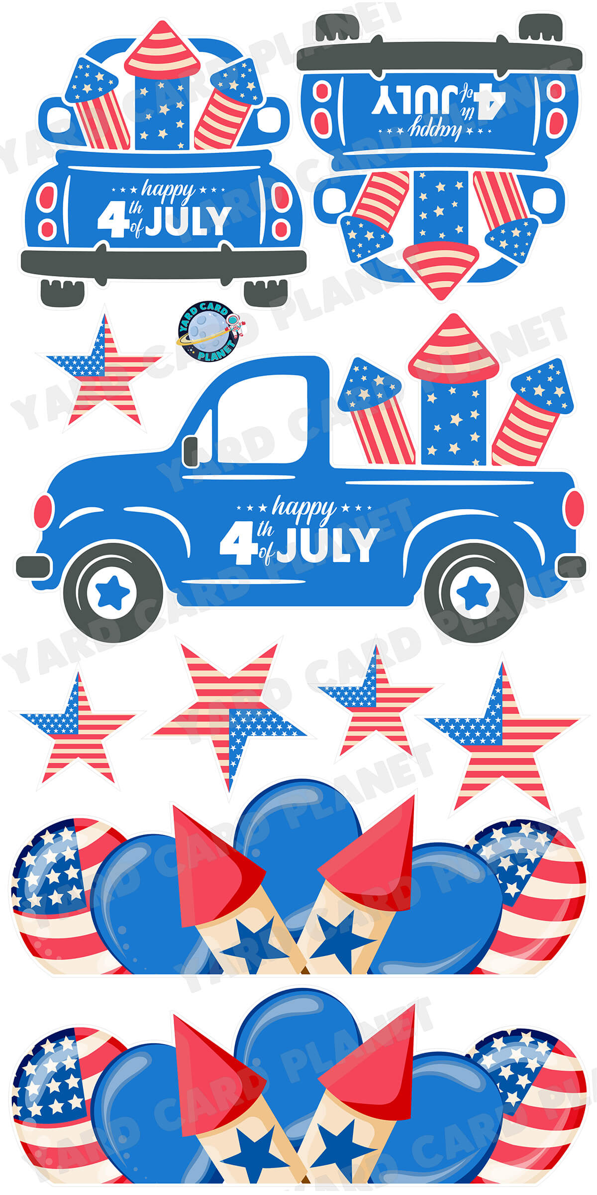 4th of July Independence Day Fireworks Pickup Truck, EZ Filler Balloons and Stars Yard Card Flair Set