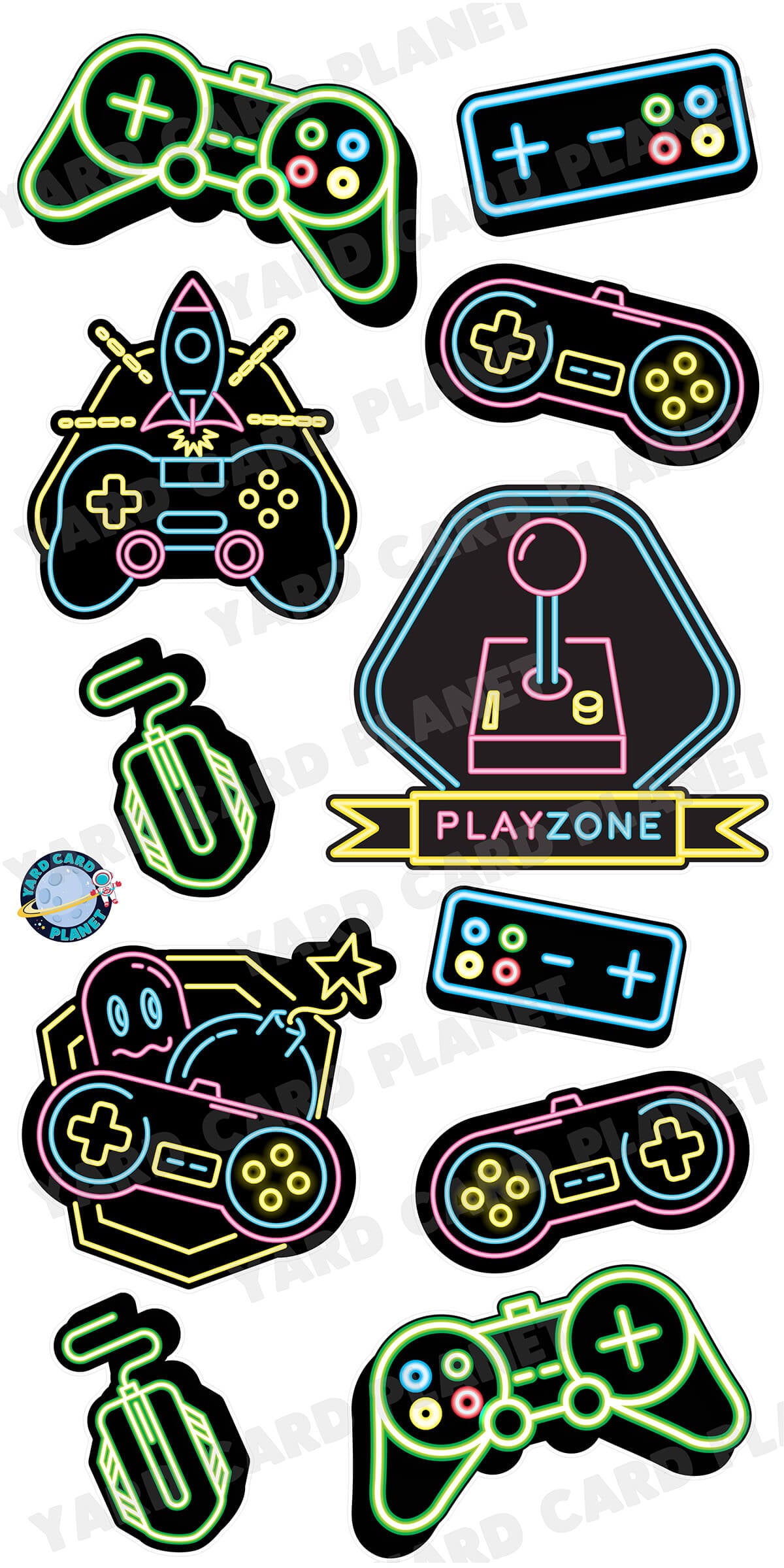 Neon Gaming Controllers Yard Card Flair Set