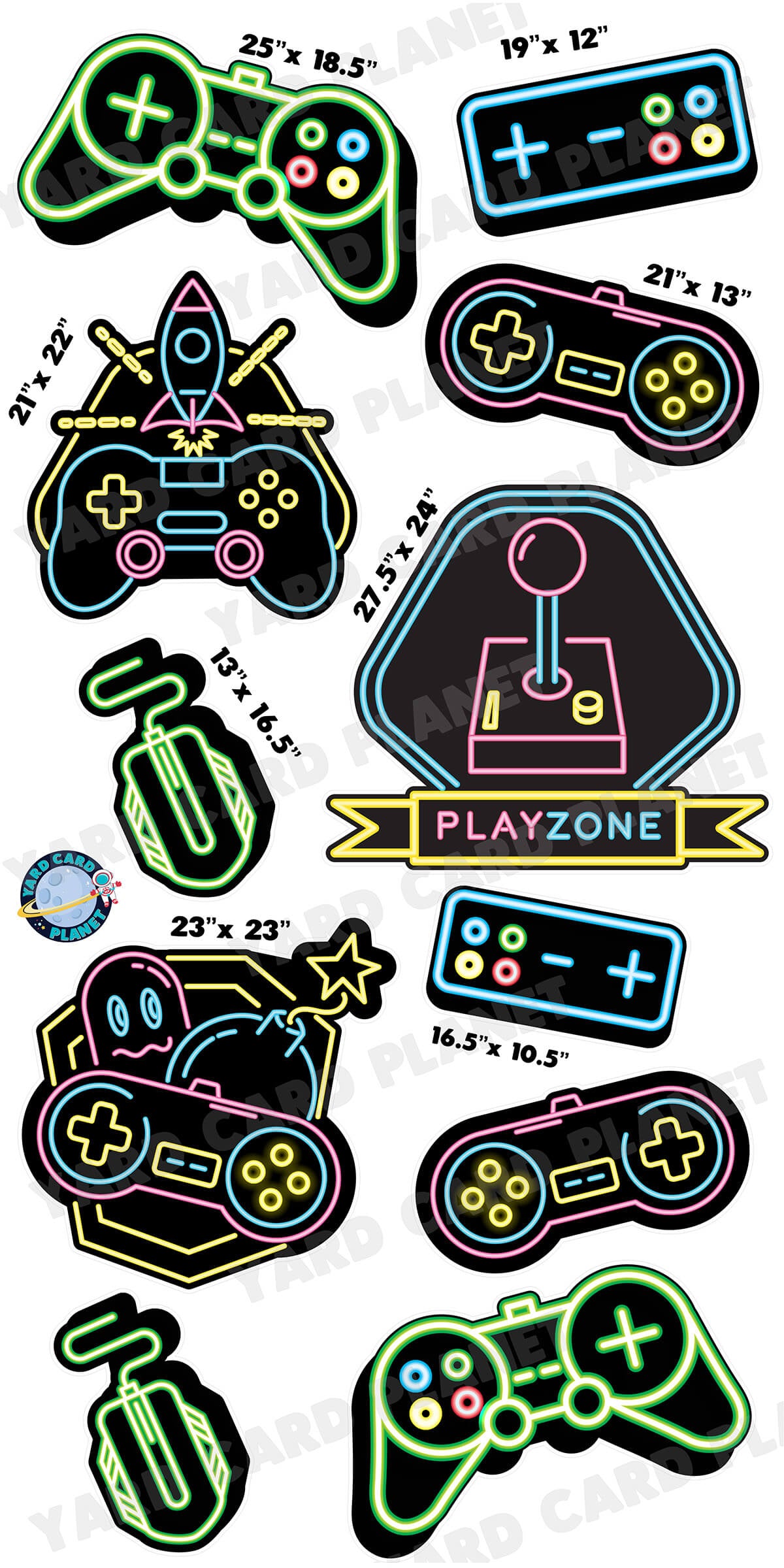 Neon Gaming Controllers Yard Card Flair Set