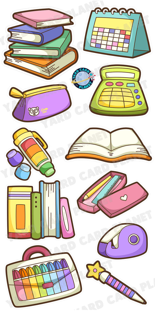 Colorful Illustrated School Supplies Yard Card Flair Set