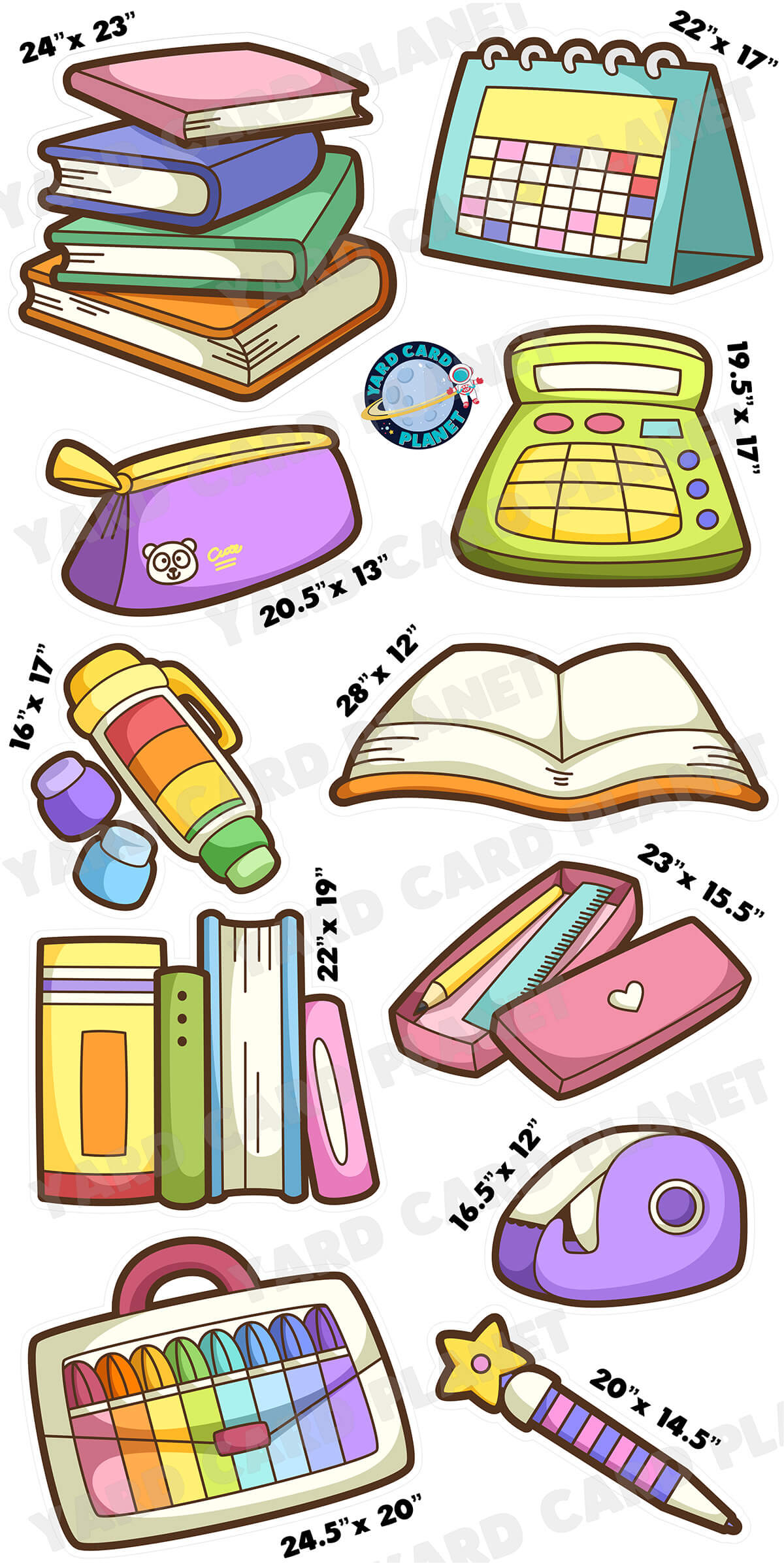 Colorful Illustrated School Supplies Yard Card Flair Set