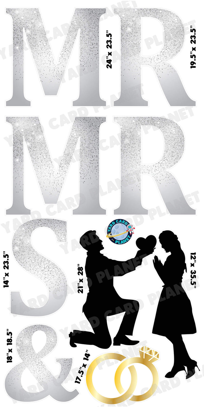 Silver Sparkle Mr. and Mrs. Letter Set and Yard Card Flair Set