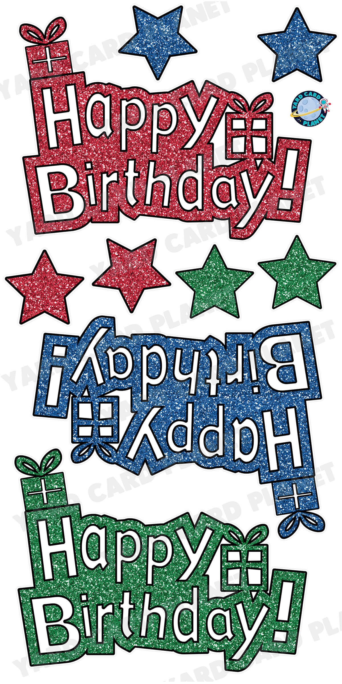 Happy Birthday Red, Blue and Green Glitter EZ Quick Signs and Stars Yard Card Flair Set