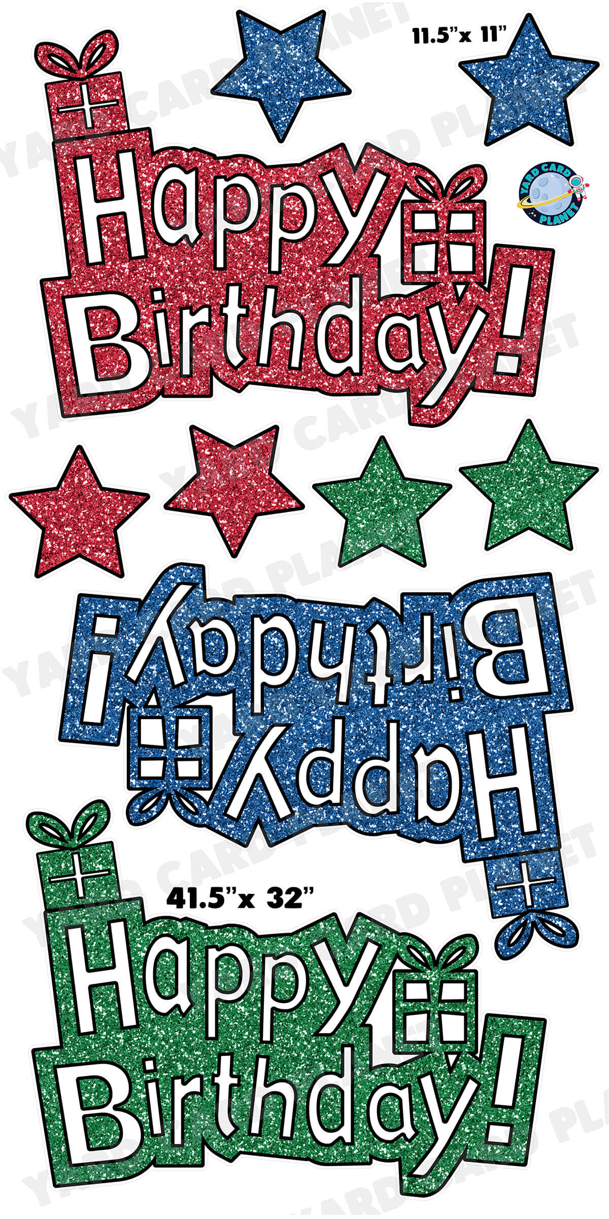 Happy Birthday Red, Blue and Green Glitter EZ Quick Signs and Stars Yard Card Flair Set