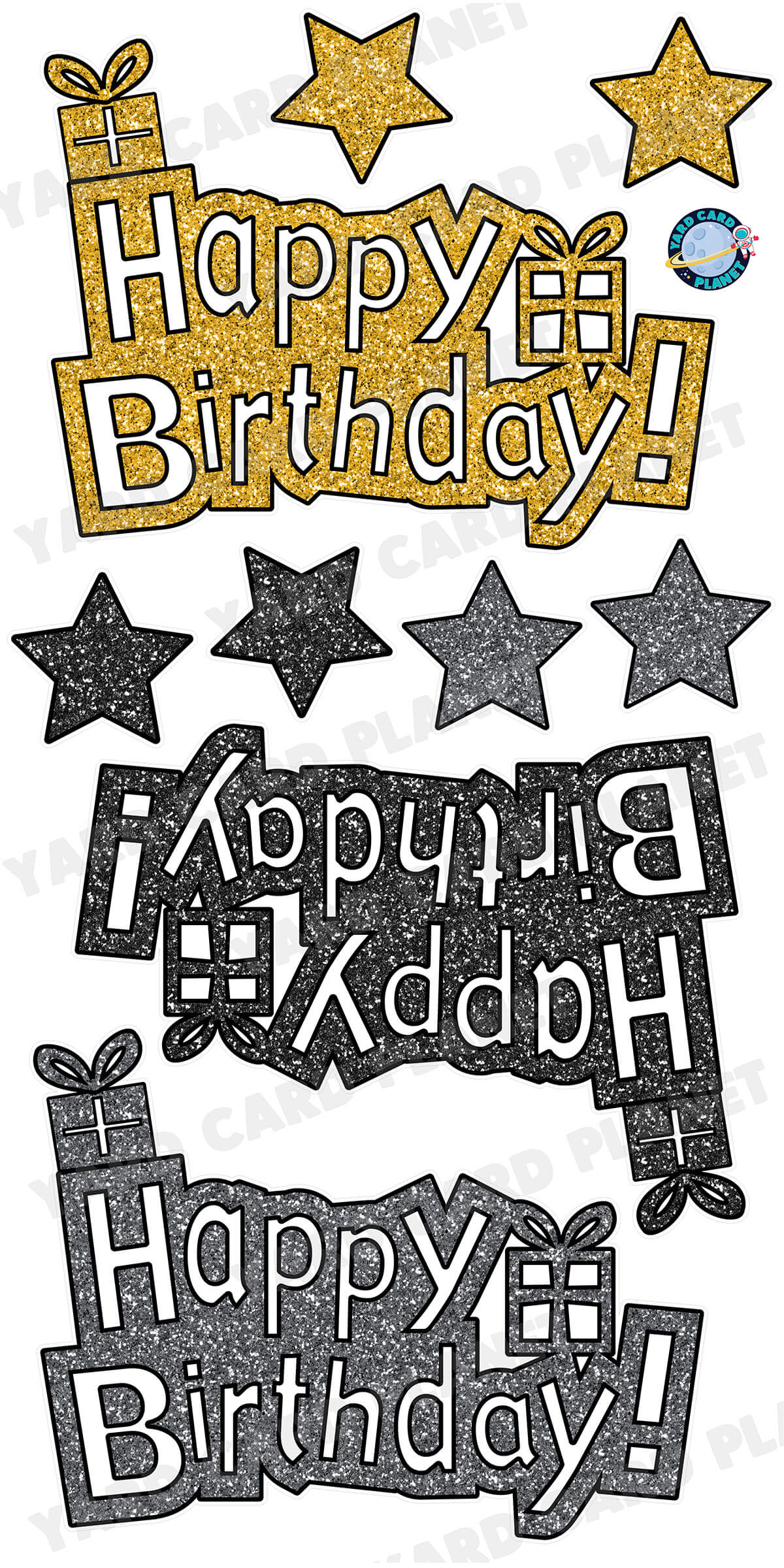 Happy Birthday Gold, Black and Silver Glitter EZ Quick Signs and Stars Yard Card Flair Set