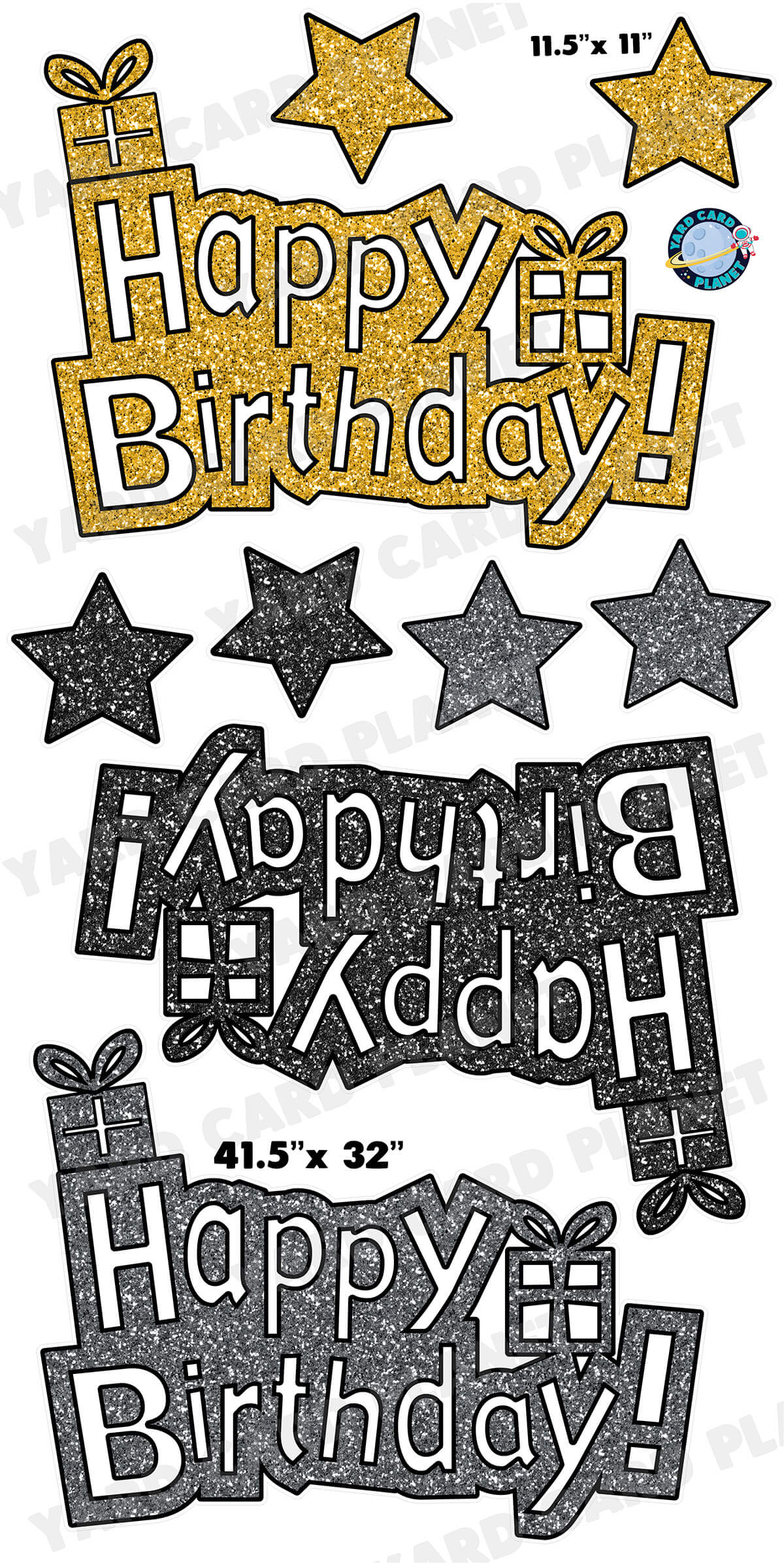 Happy Birthday Gold, Black and Silver Glitter EZ Quick Signs and Stars Yard Card Flair Set