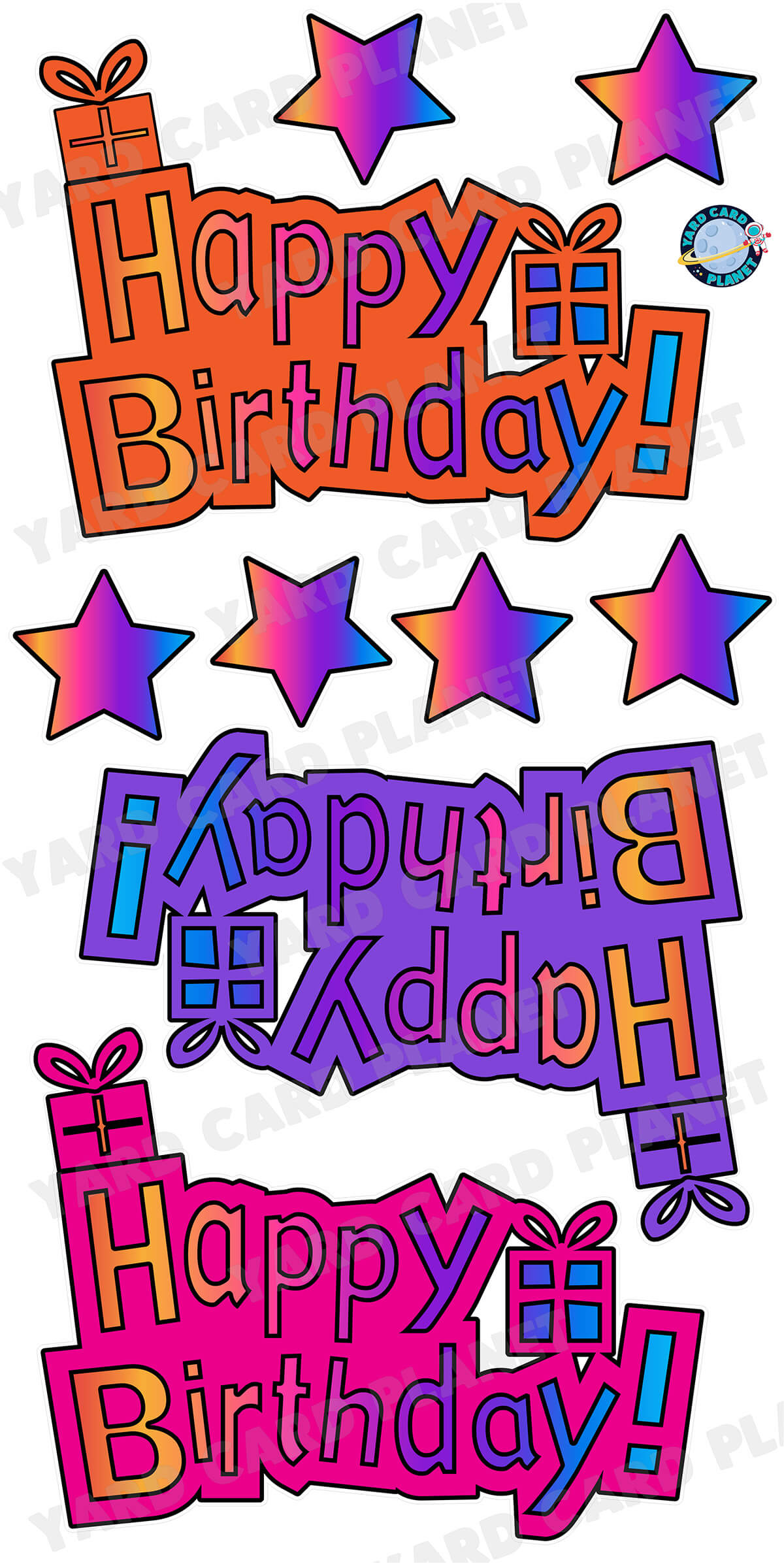 Happy Birthday Orange, Purple and Hot Pink Rainbow EZ Quick Signs and Stars Yard Card Flair Set