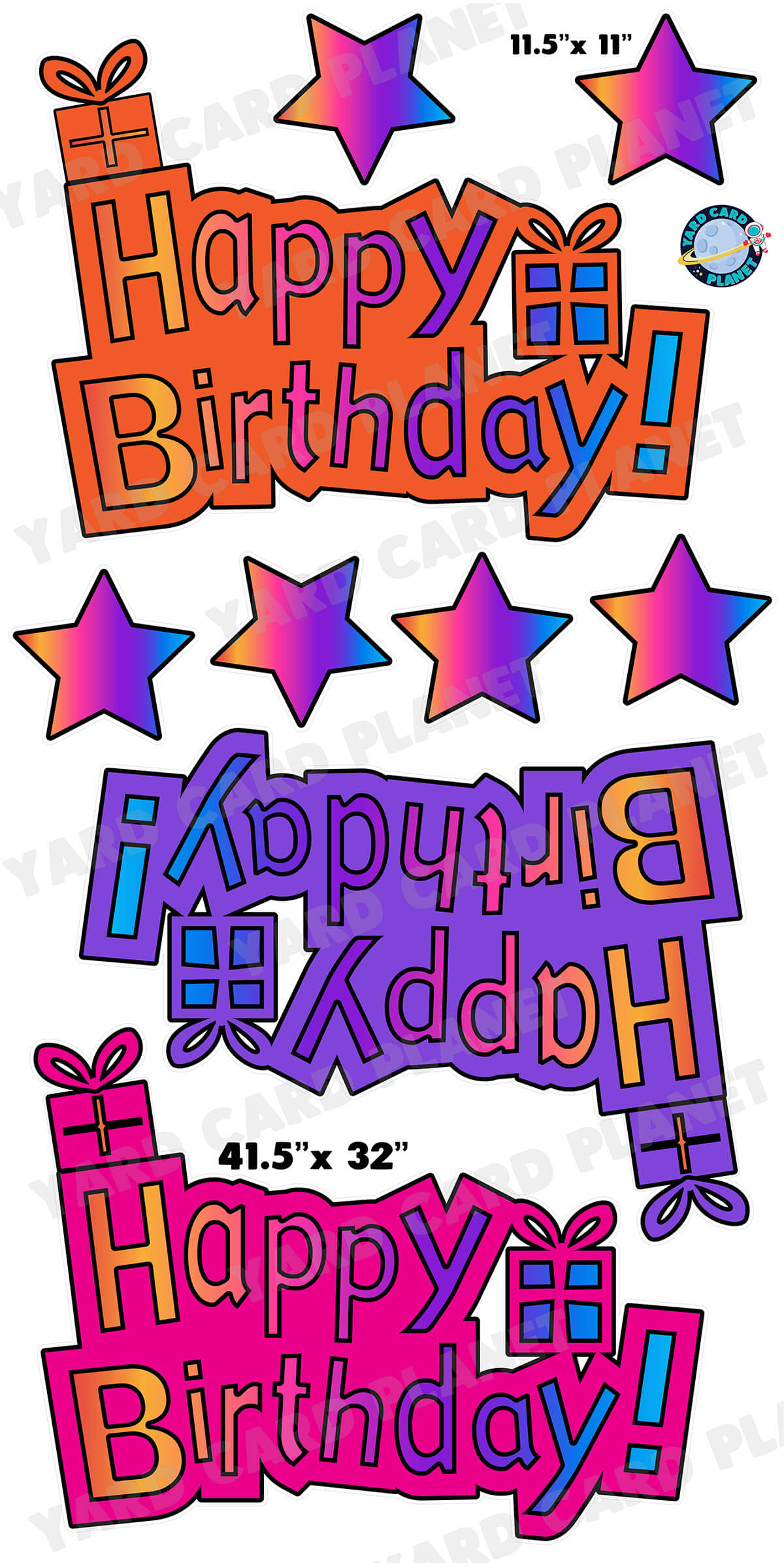 Happy Birthday Orange, Purple and Hot Pink Rainbow EZ Quick Signs and Stars Yard Card Flair Set