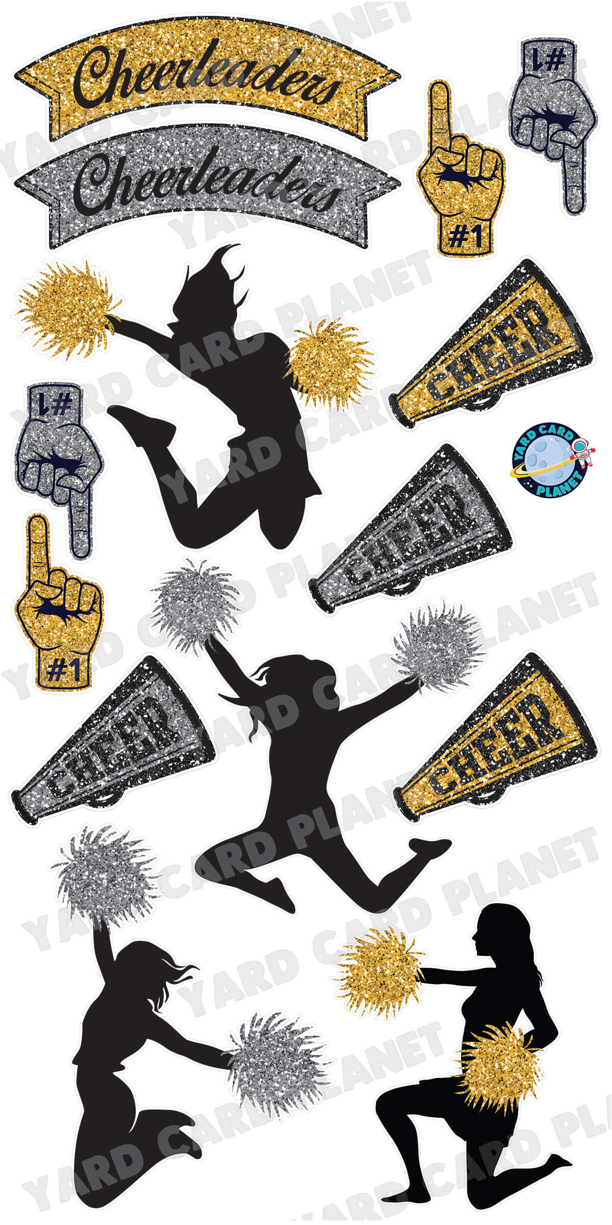 Cheerleading Glittered and Silhouette Yard Card Flair Set