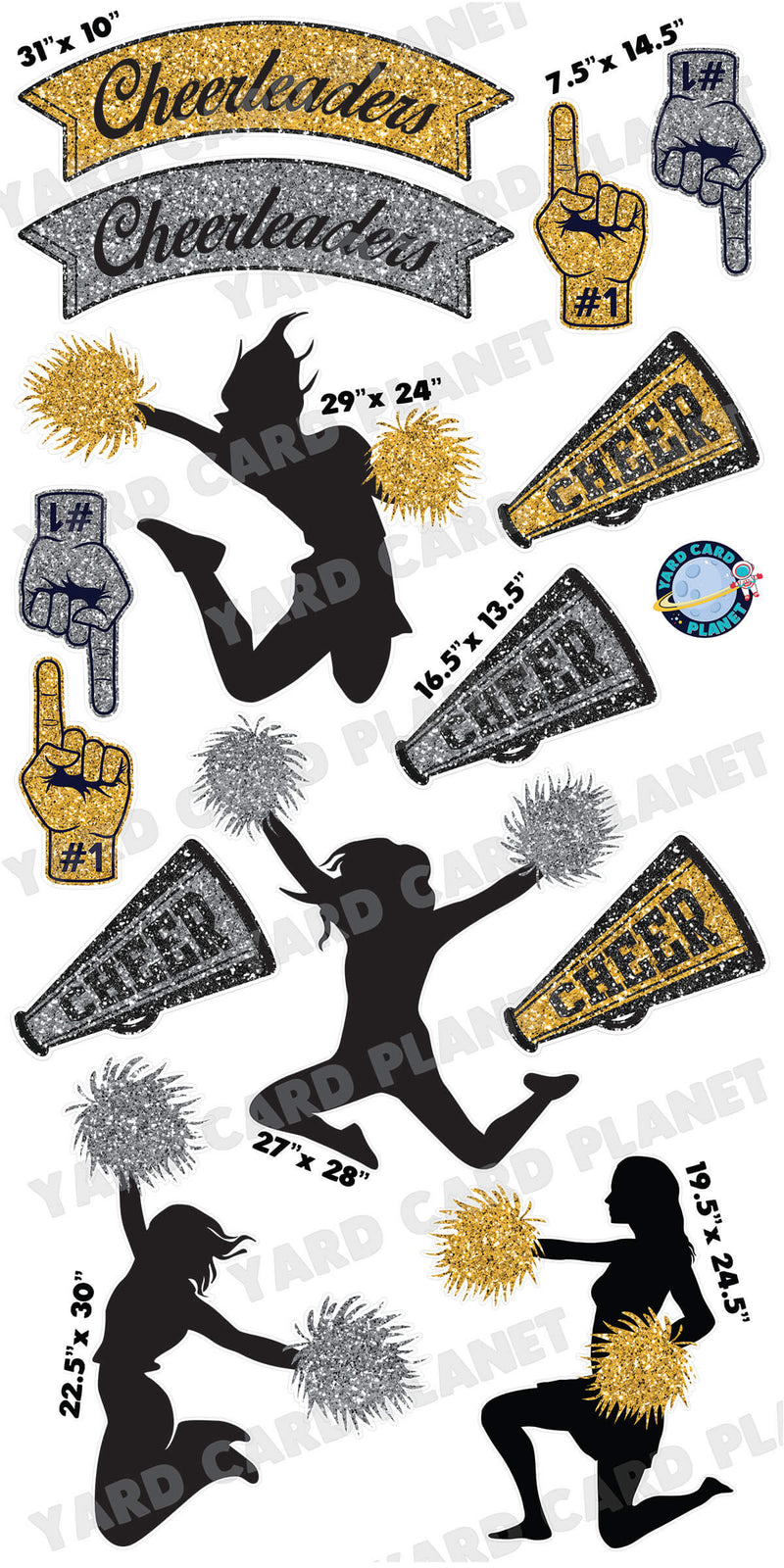Cheerleading Glittered and Silhouette Yard Card Flair Set
