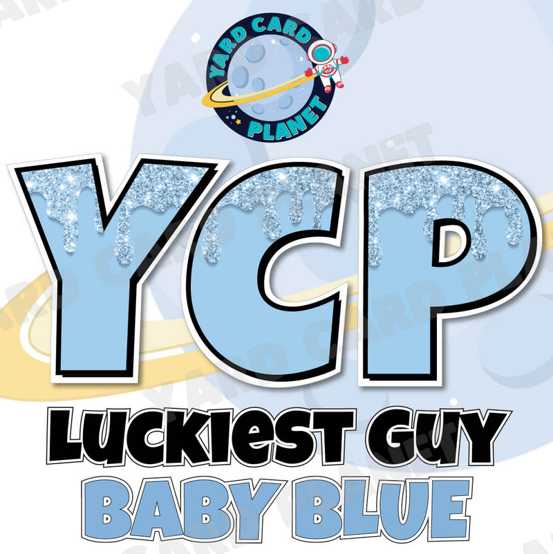 18" Luckiest Guy 38 pc. Large Letter and Symbols Set in Drip Glitter Pattern Baby Blue