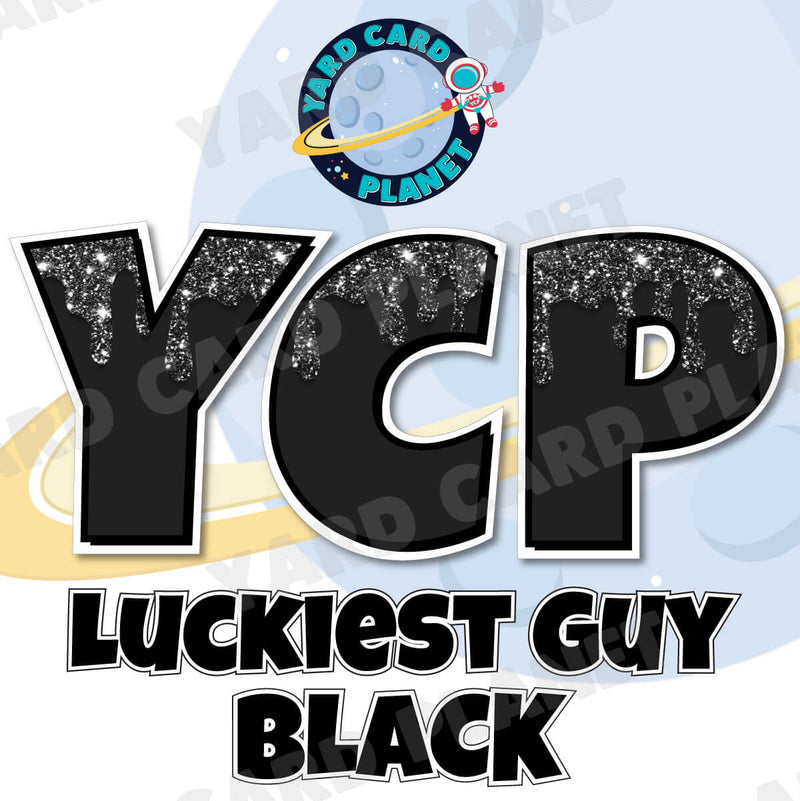 18" Luckiest Guy 38 pc. Large Letter and Symbols Set in Drip Glitter Pattern Black
