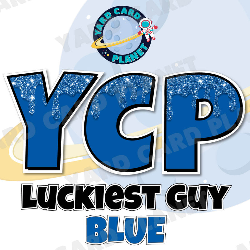 18" Luckiest Guy 38 pc. Large Letter and Symbols Set in Drip Glitter Pattern Blue