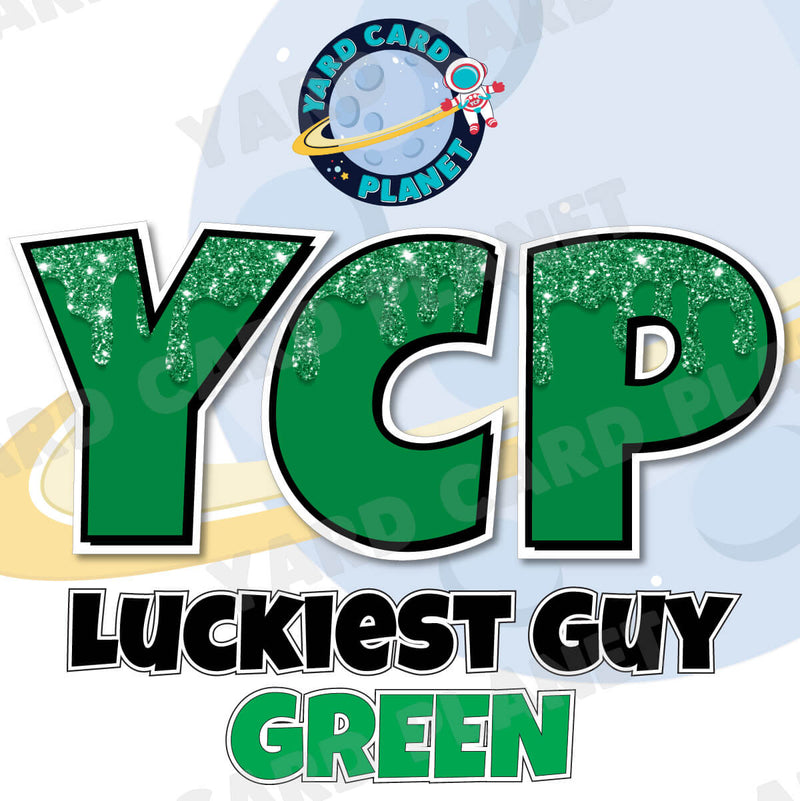 18" Luckiest Guy 38 pc. Large Letter and Symbols Set in Drip Glitter Pattern Green