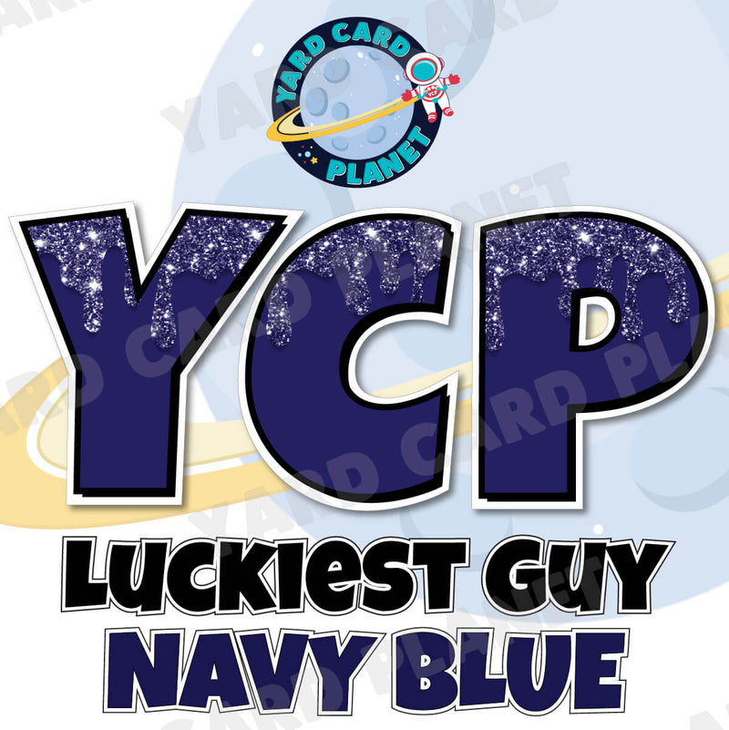 18" Luckiest Guy 38 pc. Large Letter and Symbols Set in Drip Glitter Pattern Navy Blue