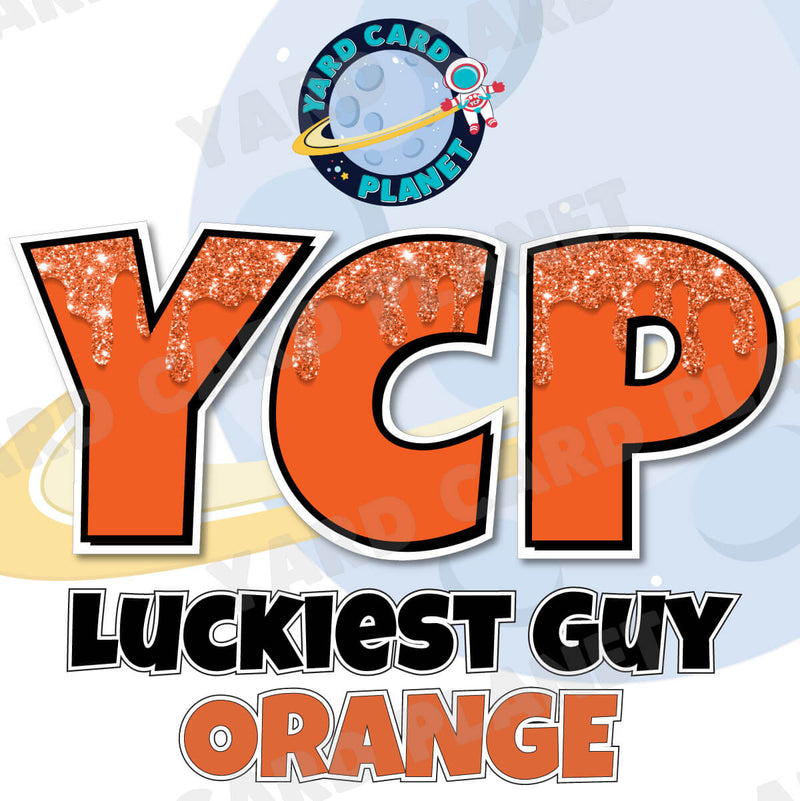 18" Luckiest Guy 38 pc. Large Letter and Symbols Set in Drip Glitter Pattern Orange