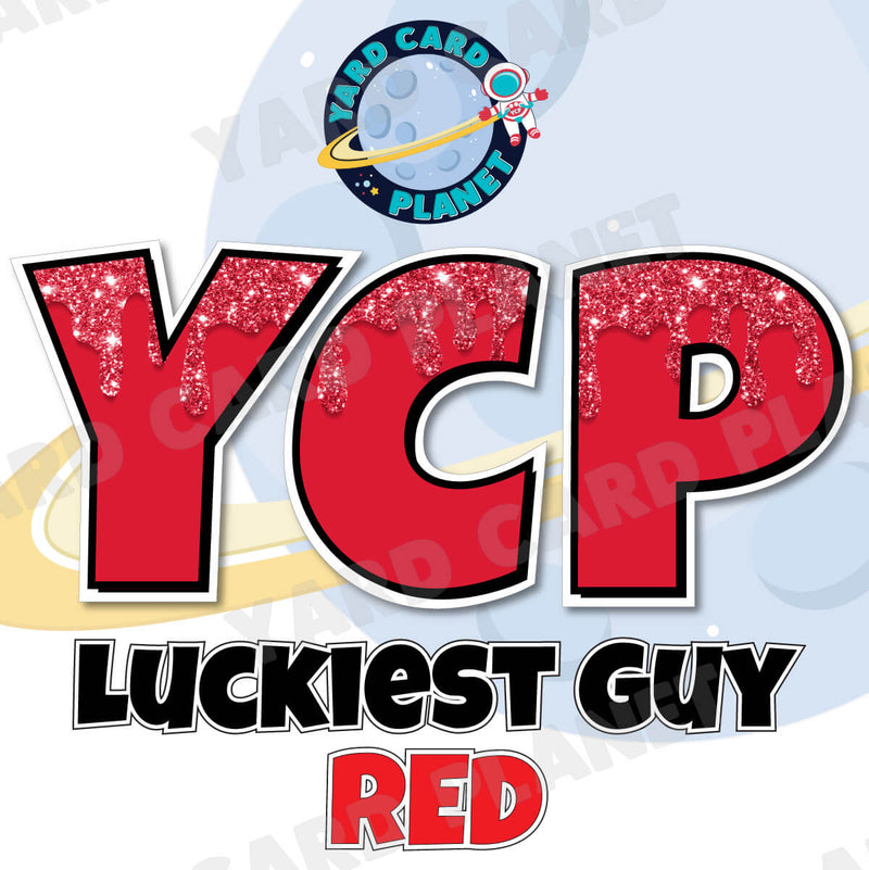 18" Luckiest Guy 38 pc. Large Letter and Symbols Set in Drip Glitter Pattern Red